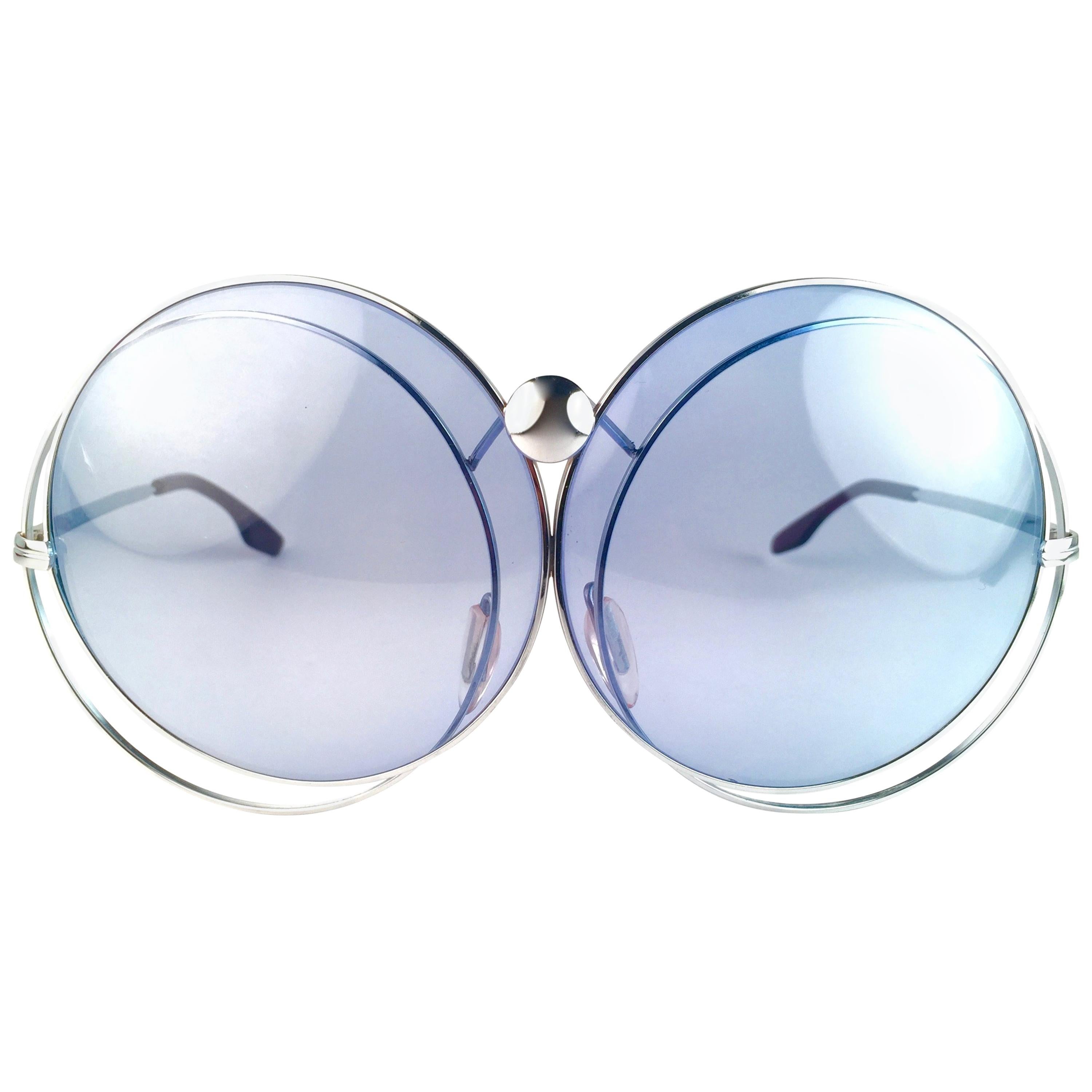 New Rare Vintage Christian Dior Oversized Silver Metal Round Sunglasses 1970's For Sale
