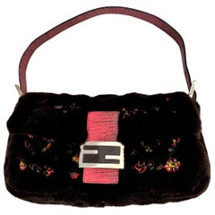 New Rare Vintage Fendi Fur Beaded Lizard Chocolate Baguette Bag 