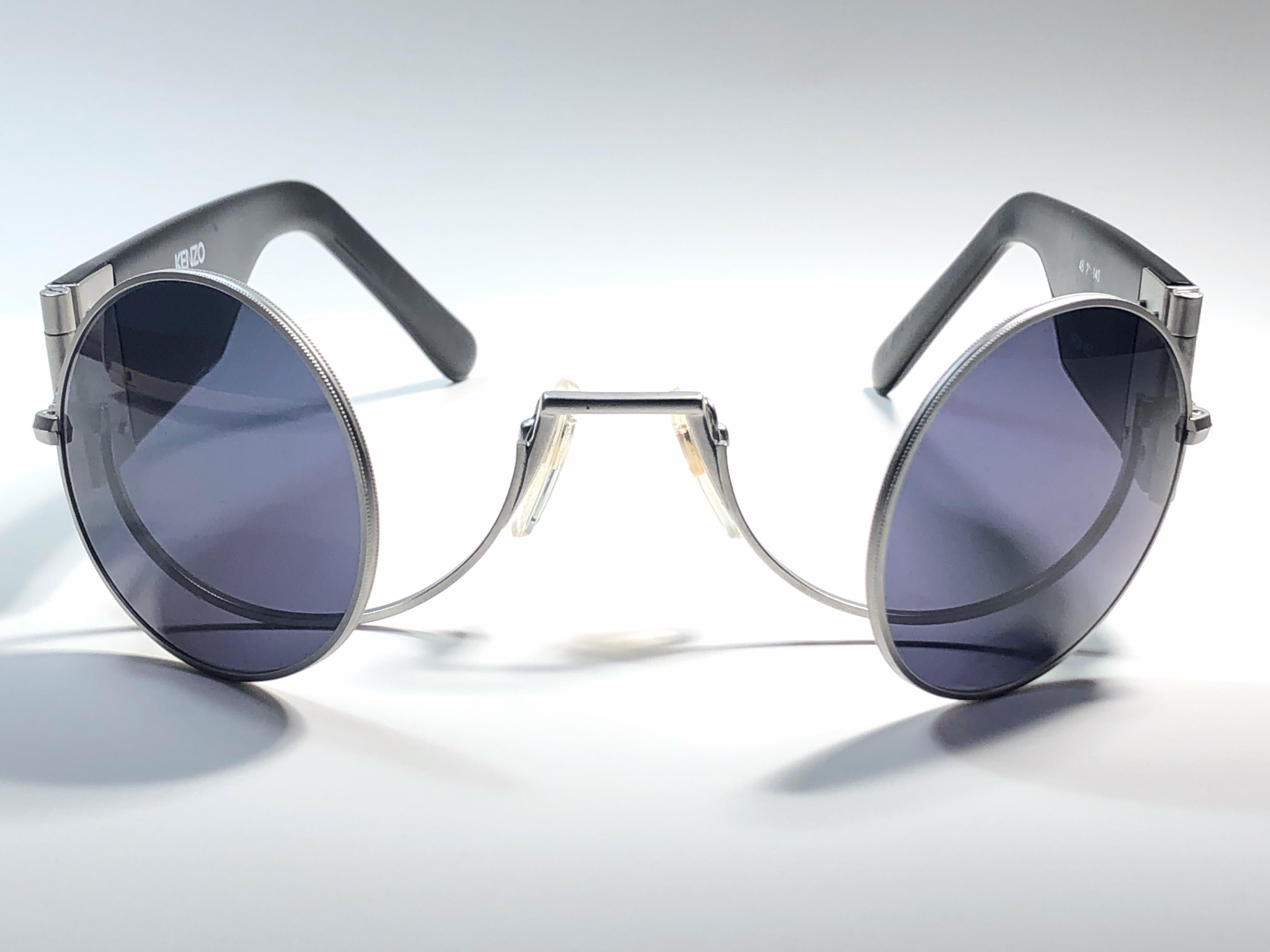 New Rare Vintage Kenzo Hinged Foldable Silver Sunglasses 1980's For Sale 2