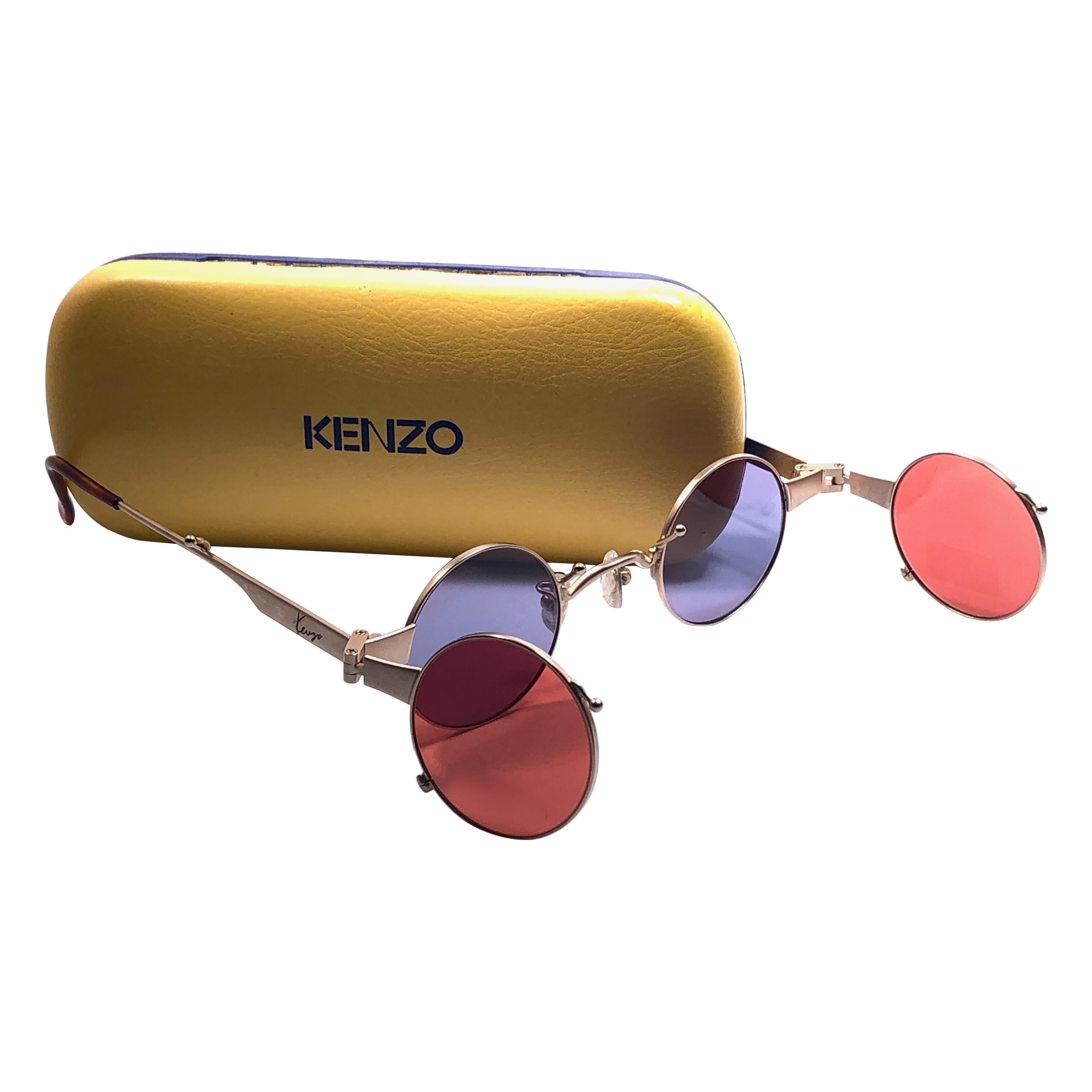 New Rare Vintage Kenzo KE2876 Hinged Gold Sunglasses 1980's Made in Japan