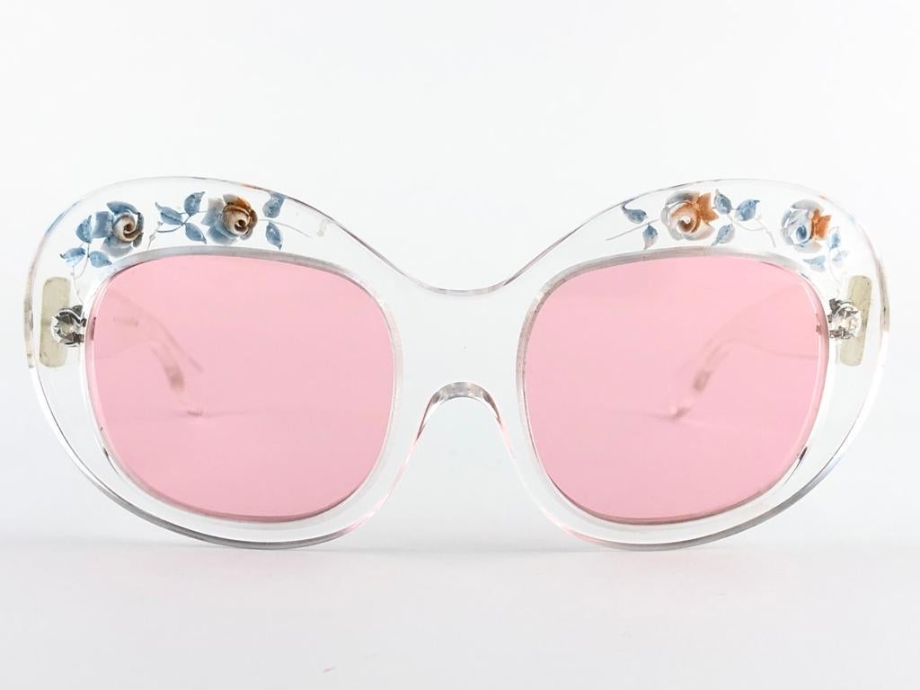 Beige New Rare Vintage Philippe Chevallier Clear Flowers Elton John's 1960's Sunglasses en vente