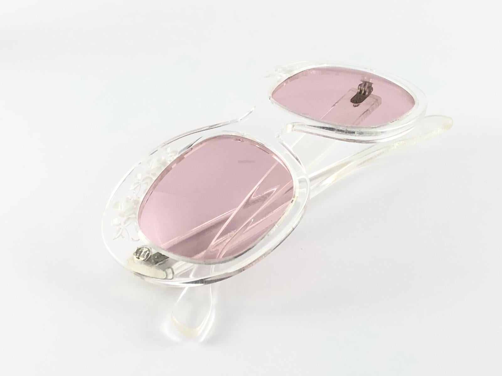 New Rare Vintage Philippe Chevallier Clear Flowers Elton John 1960's Sunglasses For Sale 1