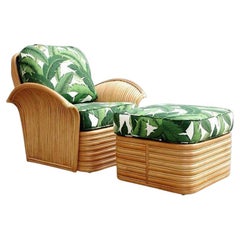 Retro New Rattan Fan Arm Lounge Chair With Ottoman Set