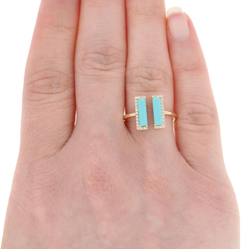 Rectangle Cut Turquoise and Diamond Open Ring, 14 Karat Yellow Gold Modern In New Condition In Greensboro, NC