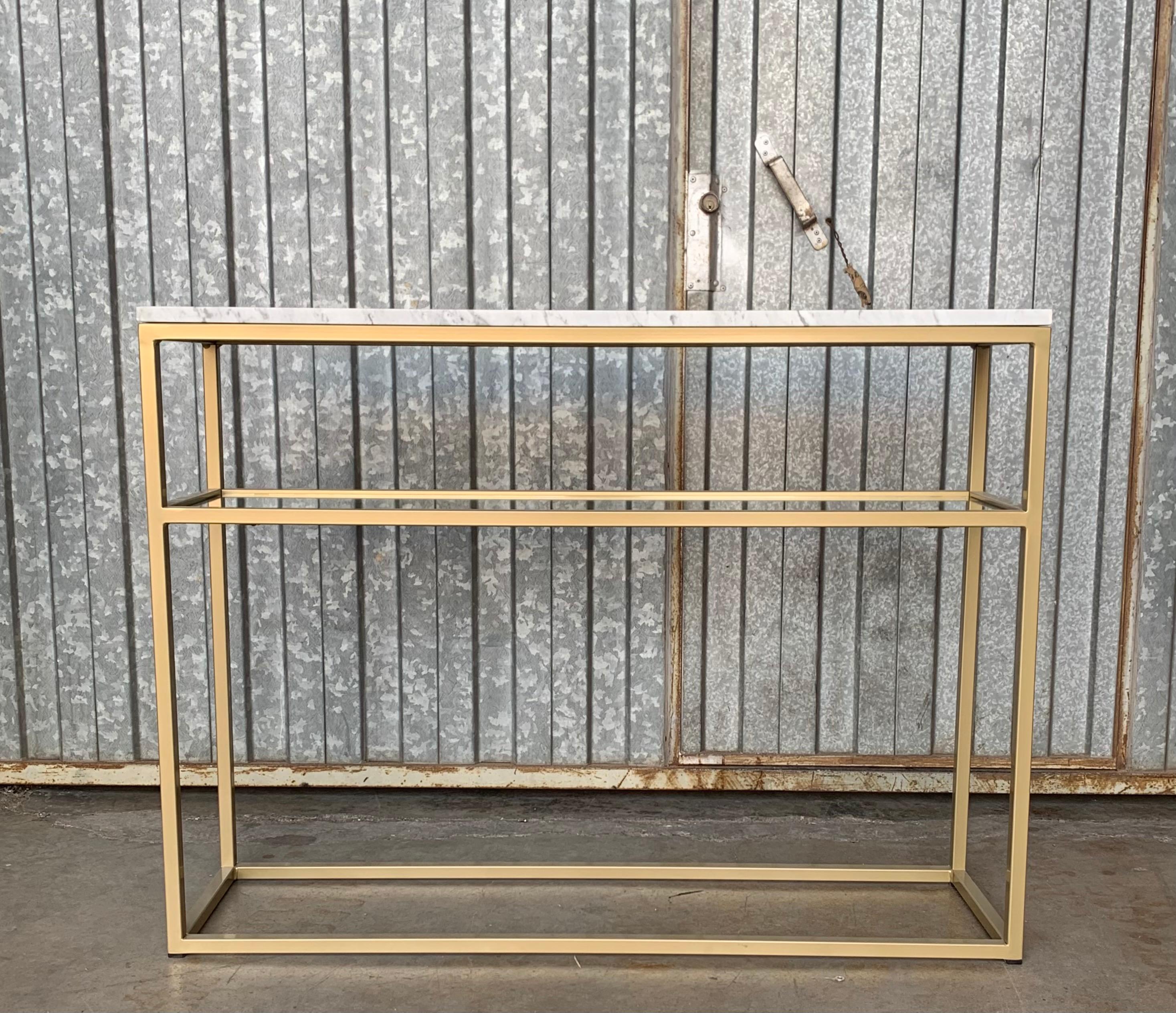 New gilded iron console table with marble top and glass shelve. 
You can customize and choose the color, the top and shelve ( glass, wood, marble , iron )

Galvanized metal rod shelving with epoxy powder coating.