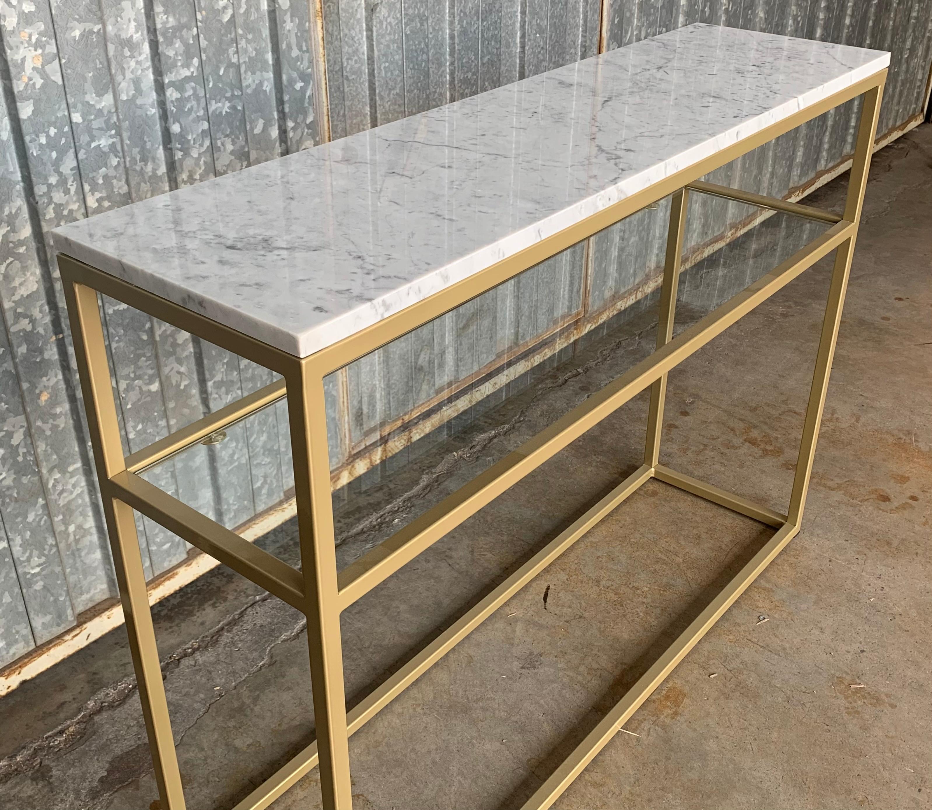 Modern New Rectangular Gilded Iron Console Table with Marble Top & Glass Shelve For Sale