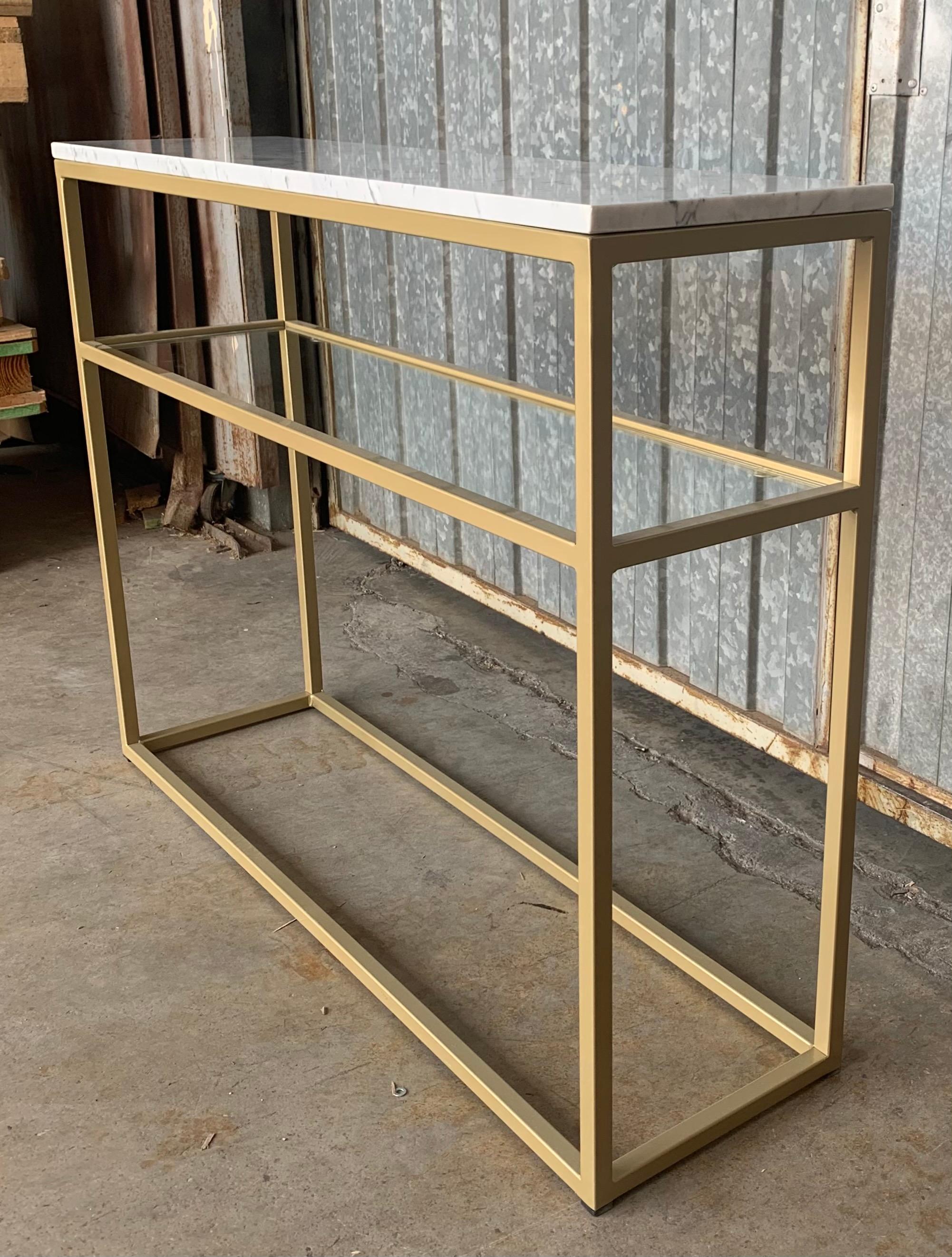 Metal New Rectangular Gilded Iron Console Table with Marble Top & Glass Shelve For Sale