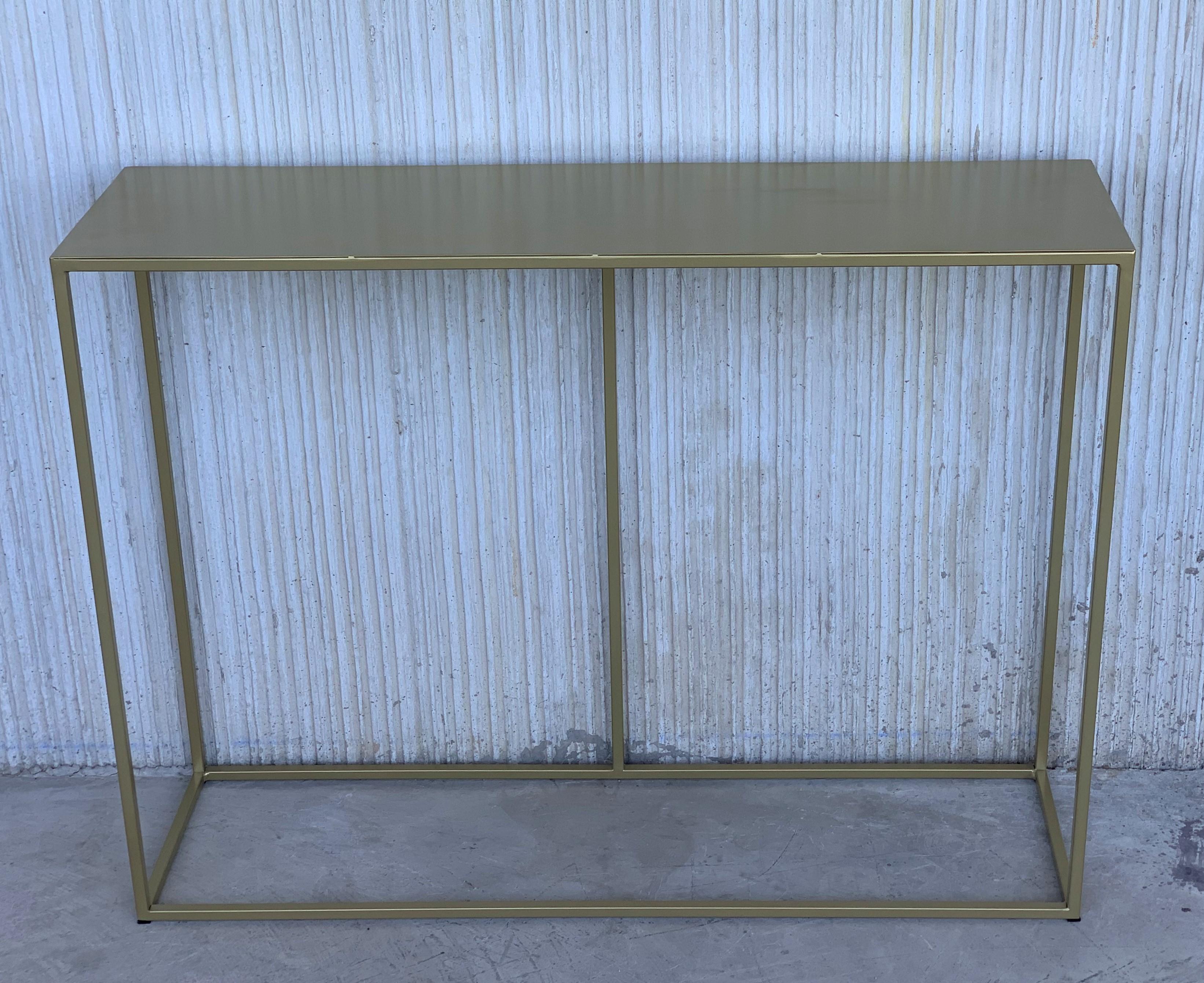 New gilded iron console table with metal top.

Galvanized metal rod shelving with epoxy powder coating.