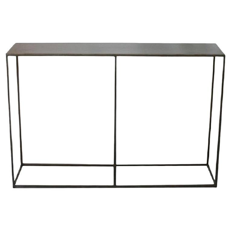 Table console rectangulaire en fer doré avec plateau en métal, Neuf