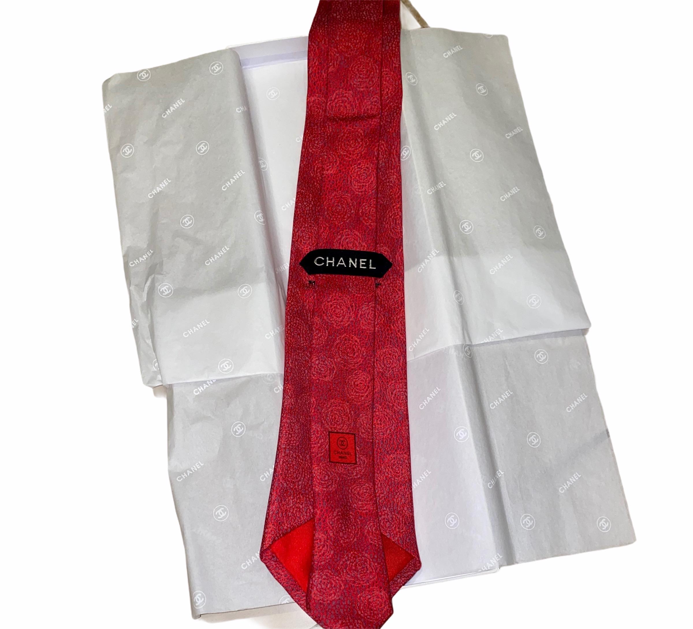 NEW Red Chanel Camellia Print Jacquard Silk Tie 1