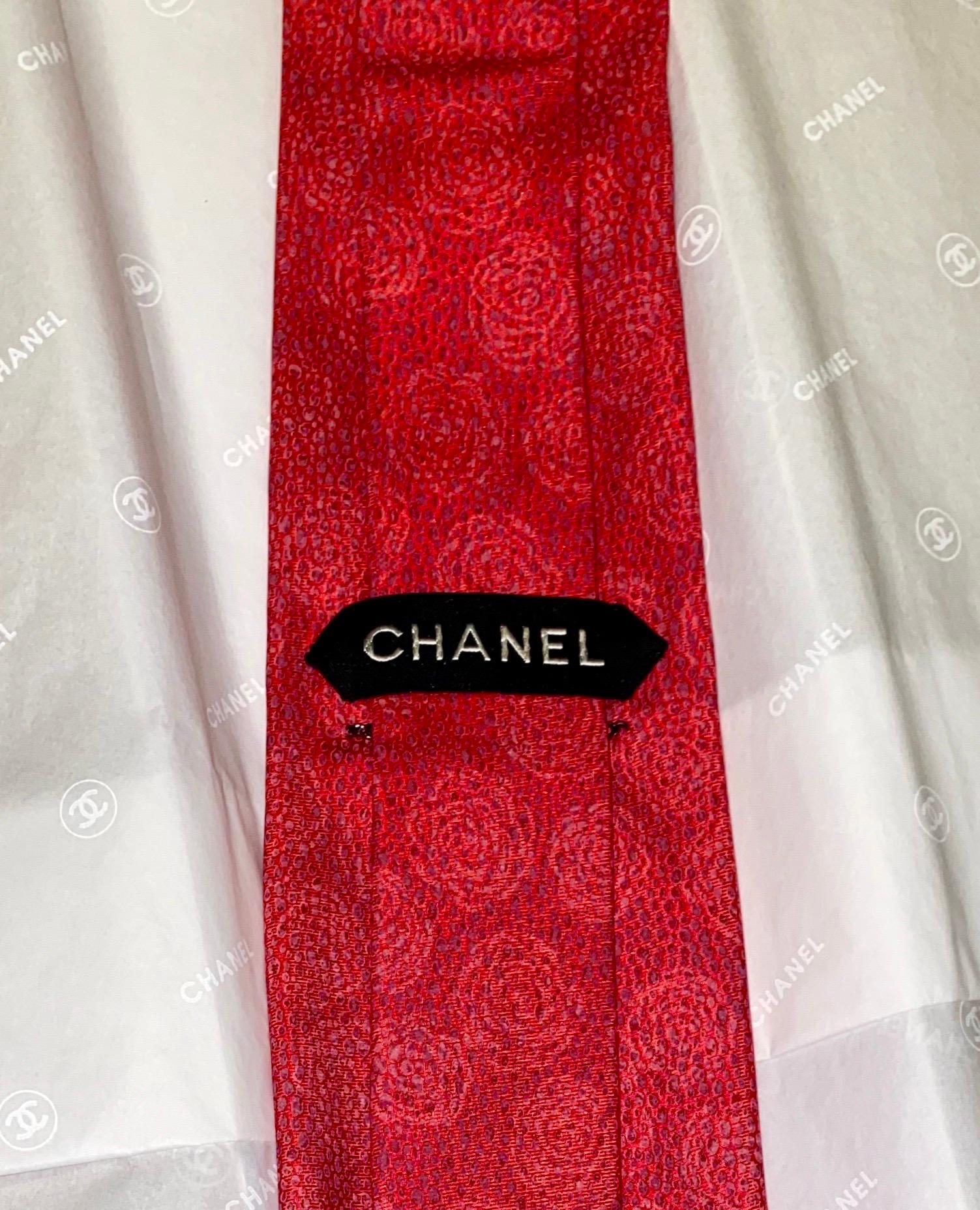 NEW Red Chanel Camellia Print Jacquard Silk Tie 2