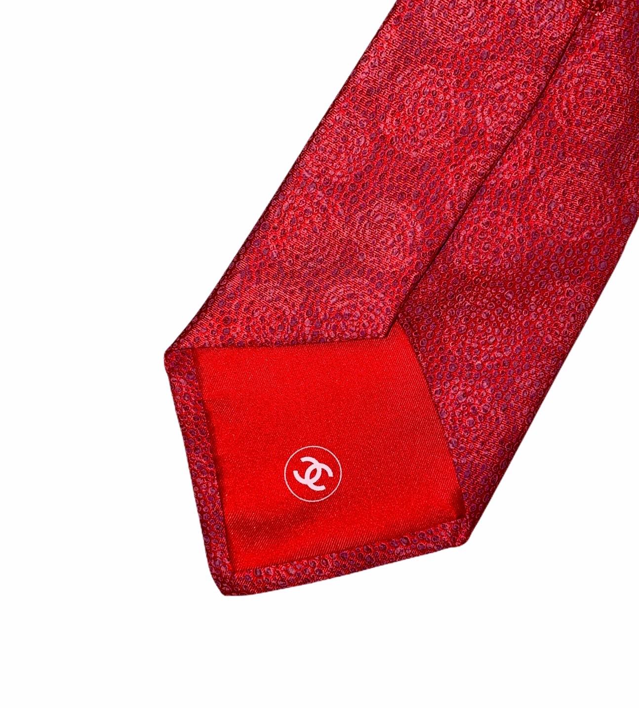 NEW Red Chanel Camellia Print Jacquard Silk Tie 3