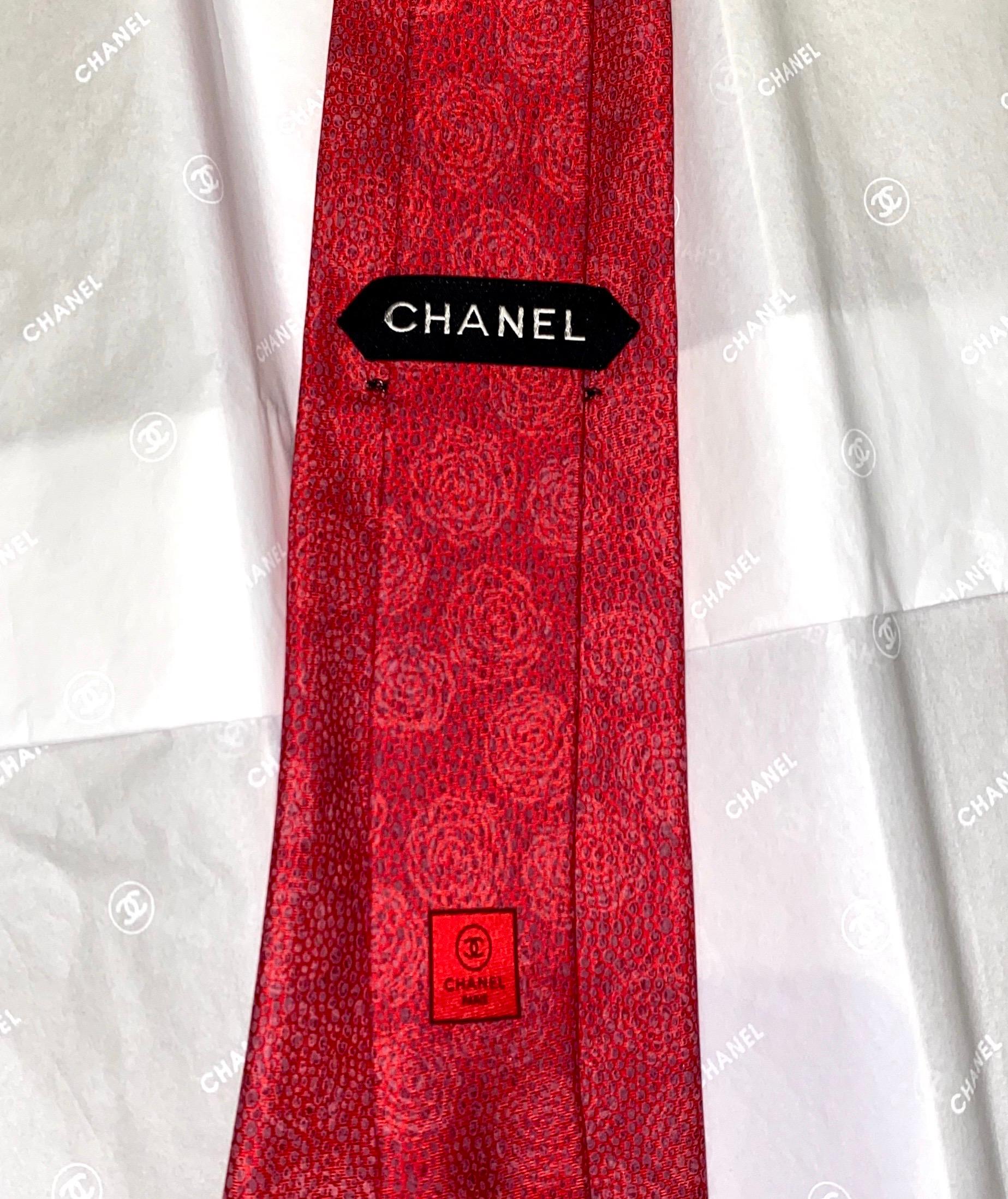 NEW Red Chanel Camellia Print Jacquard Silk Tie 4
