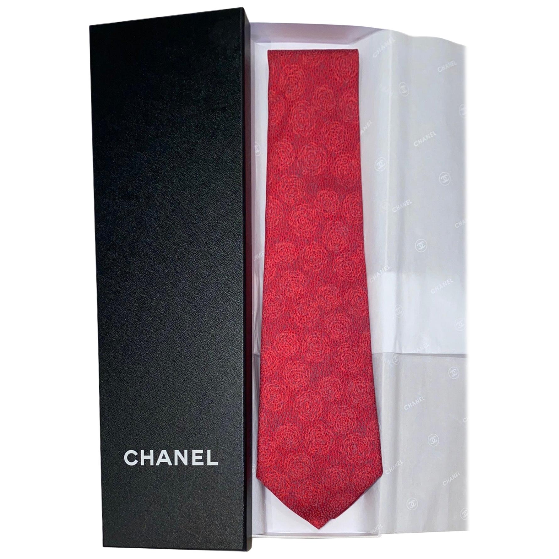 NEW Red Chanel Camellia Print Jacquard Silk Tie