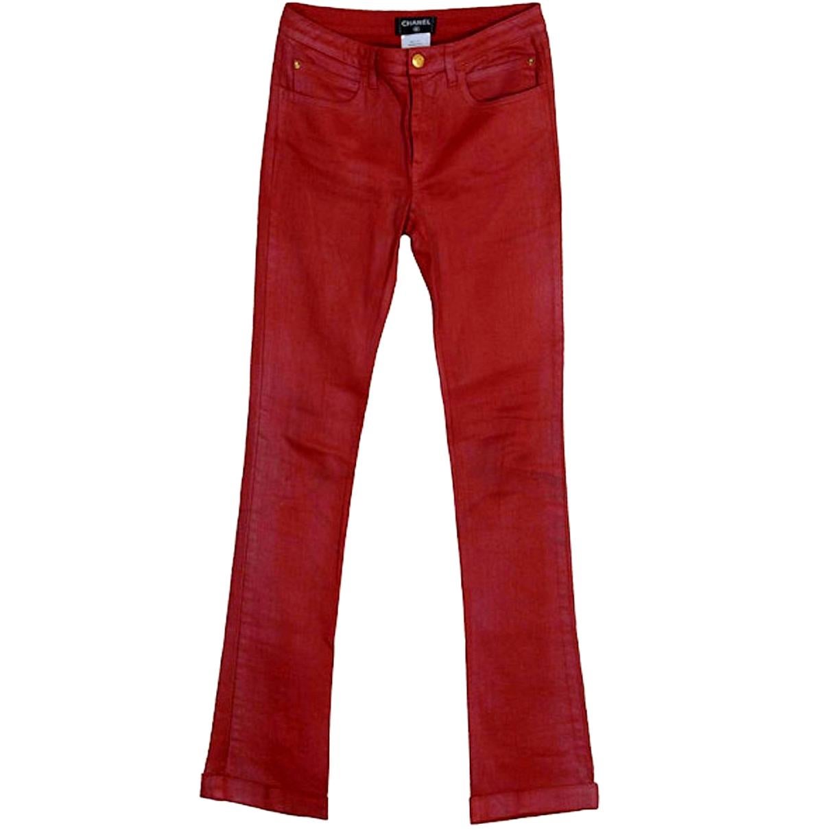 NEW Red Chanel Stretch Denim Jeans Pants CC Logo Pockets