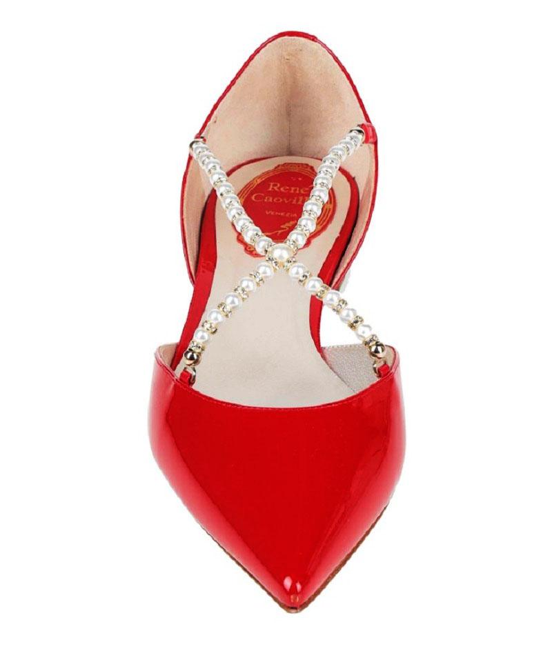 New Rene Caovilla Red Patent Leather Embellished Flats
Designer size 36.5 - US 6.5
Red Patent Leather, Crossover Strap Front with White Pearl-like and Crystals, Finished with Gold Tone Metal Detail on Heel.
White Leather Insole, Signature Glitter