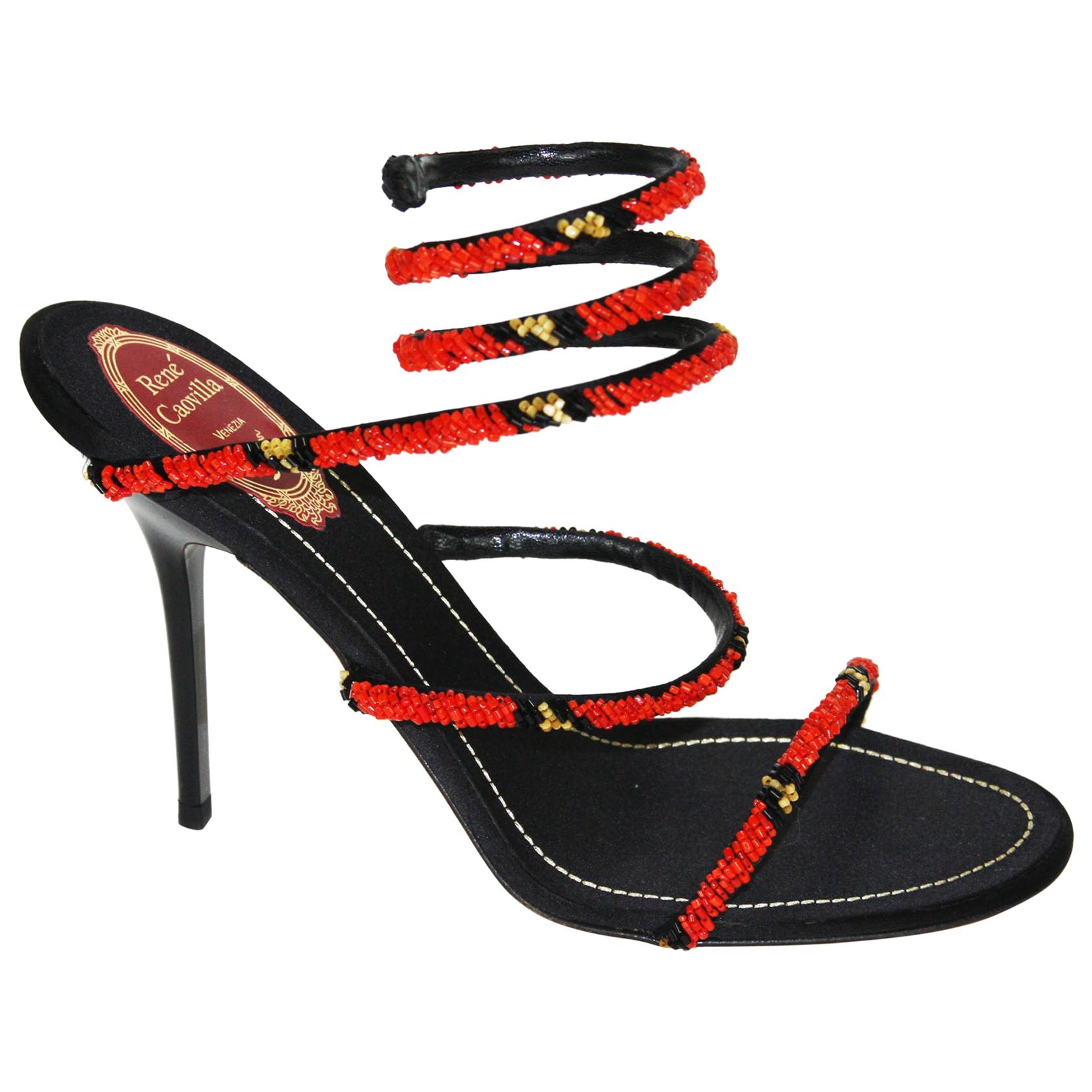 New Rene Caovilla Beaded Ankle-Wrap Black Red Shoes Sandals It. 39 - US 9