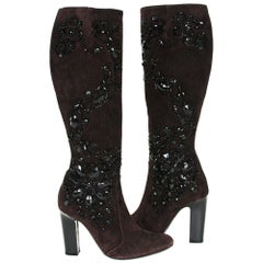 New Rene Caovilla Beaded Chocolate Suede Knee Heel Boots It 36.5 - US 6.5