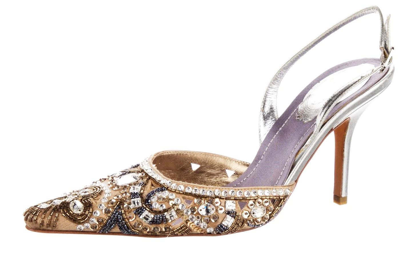 New Rene Caovilla Fully Embellished Sandals
Italian size 36.5 - US 6.5
Gold, Blue and Clear Beads, Crystals and Sequins Embellishment Over the Nude Color Satin. 
Silver Tone Leather Heel - 3.5 inches , Adjustable Crystal Embellished Buckle Closure.