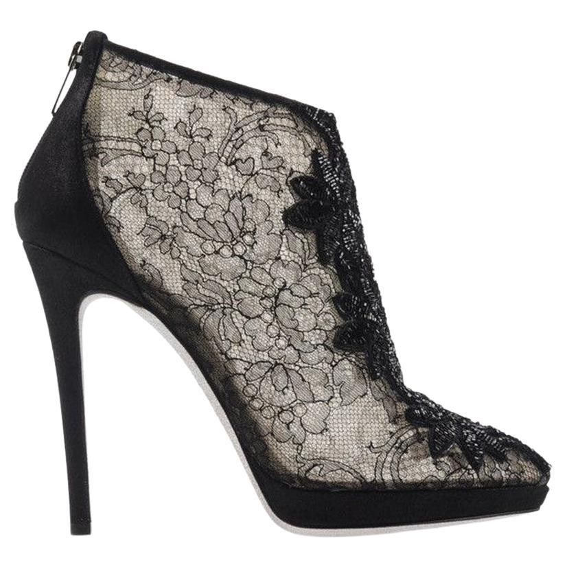 New Rene Caovilla Black Floral Lace Beaded Ankle Boots Booties It 40 - US 10 For Sale