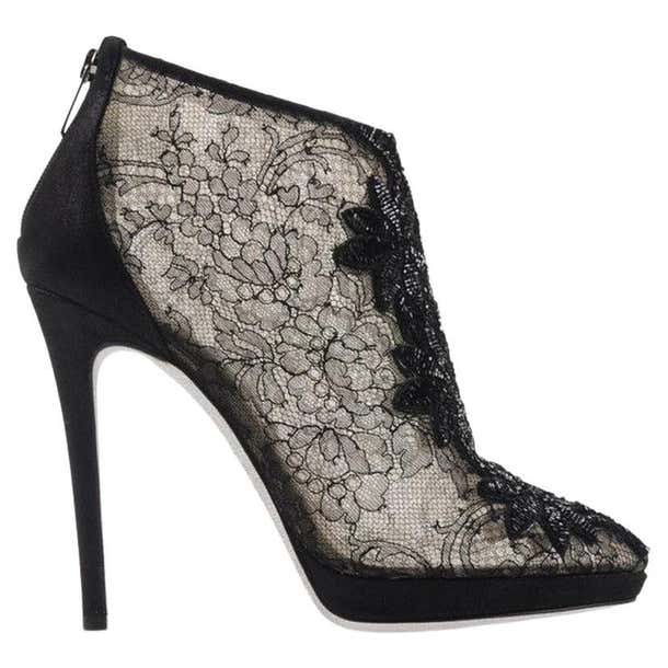 New Rene Caovilla Black Floral Lace Beaded Ankle Boots Booties It 40 ...