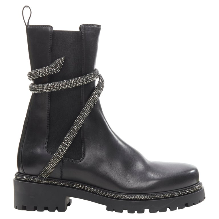 new RENE CAOVILLA Cleo black leather silver crystal serpent combat boot ...