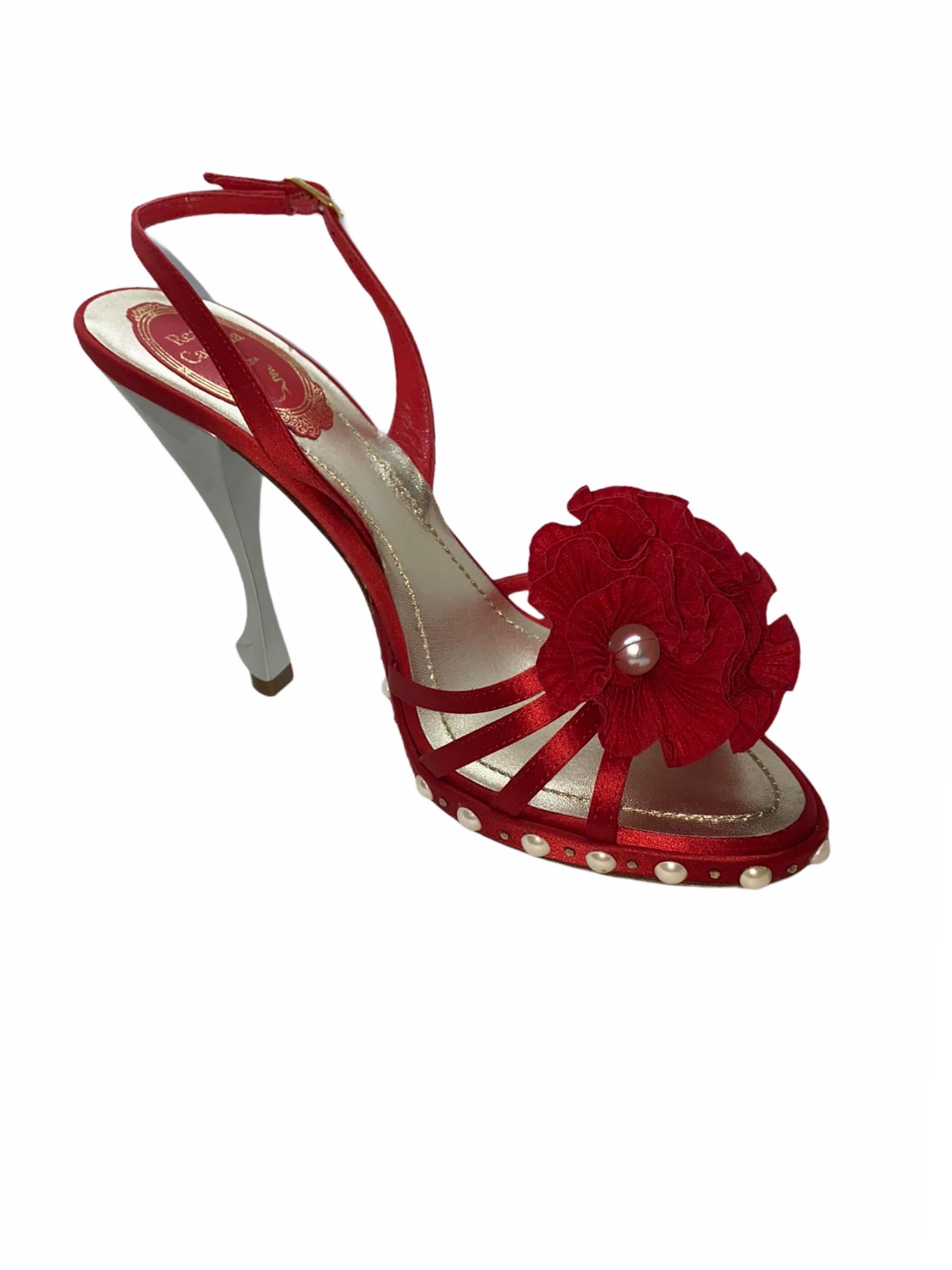 Red NEW René Caovilla Floral Flower High Heel Sandals with Faux Pearl Trimmings 38 For Sale