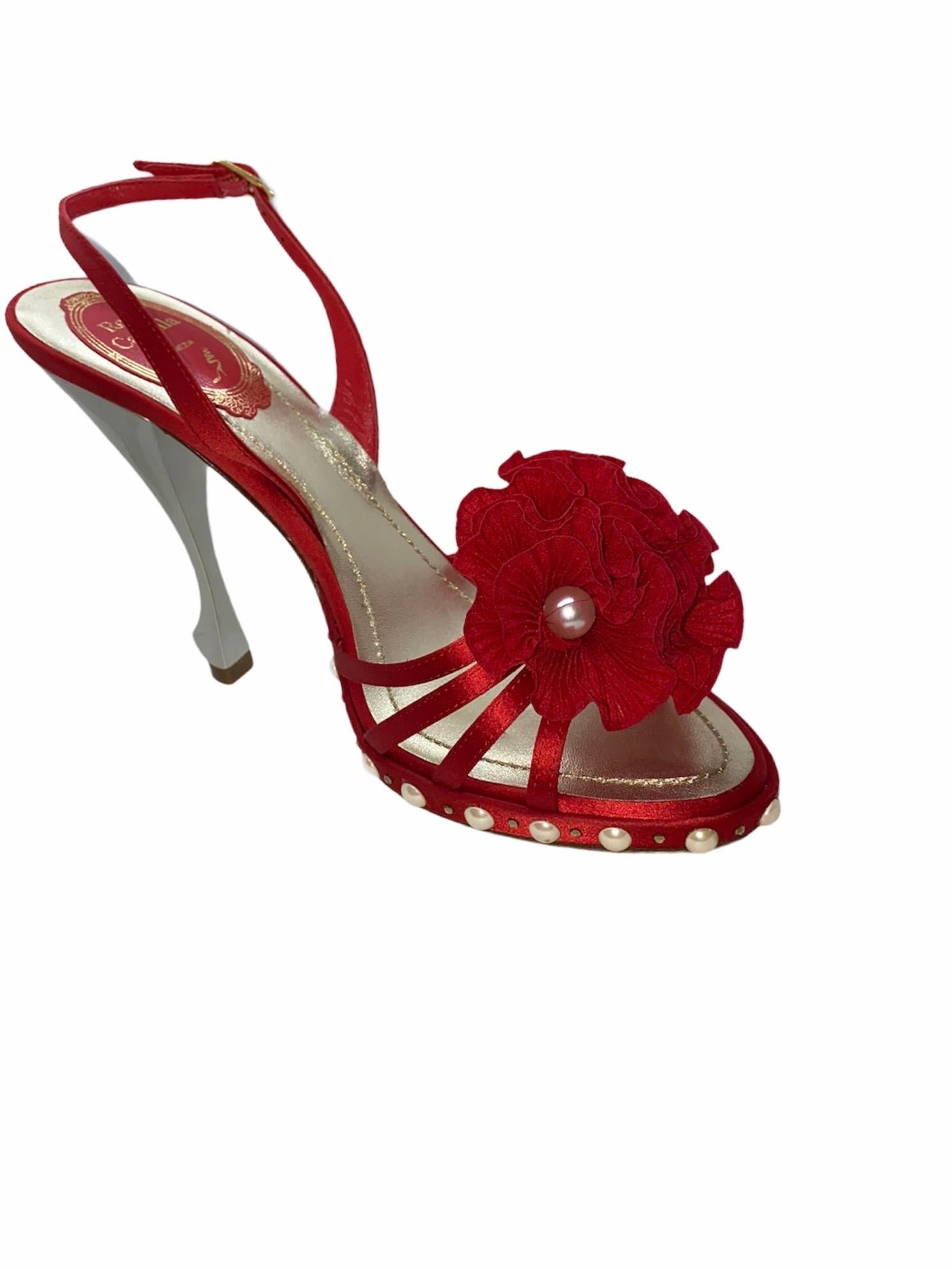 NEW René Caovilla Floral Flower High Heel Sandals with Faux Pearl Trimmings 38 For Sale 1
