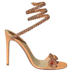New Rene Caovilla Peach Crystal Embellished Leather Snake-Wrap Sandals  Shoes 38