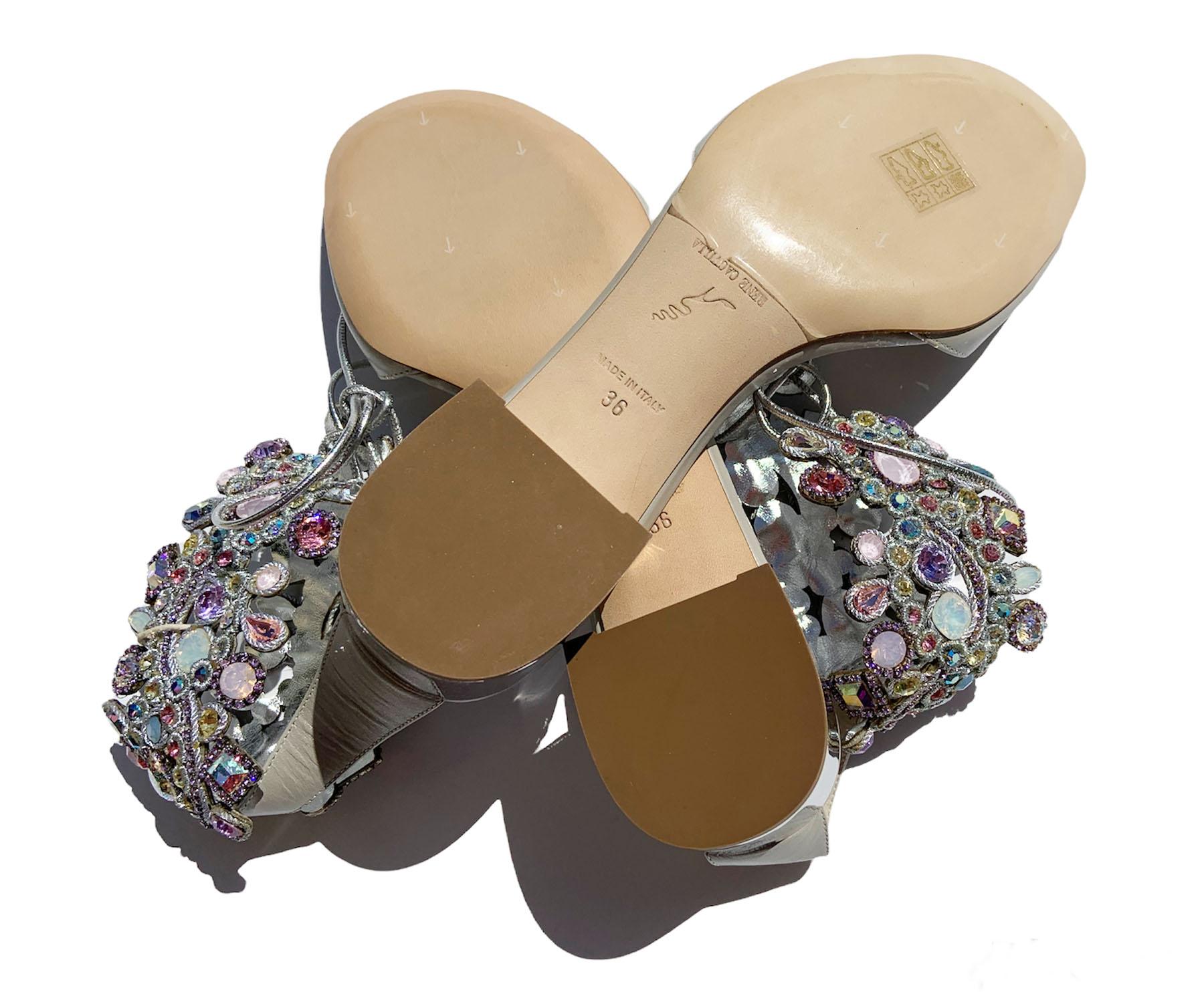 New Rene Caovilla Veneziana Leather Gray Jeweled Ankle Flats Shoes 36 37 40 In New Condition For Sale In Montgomery, TX