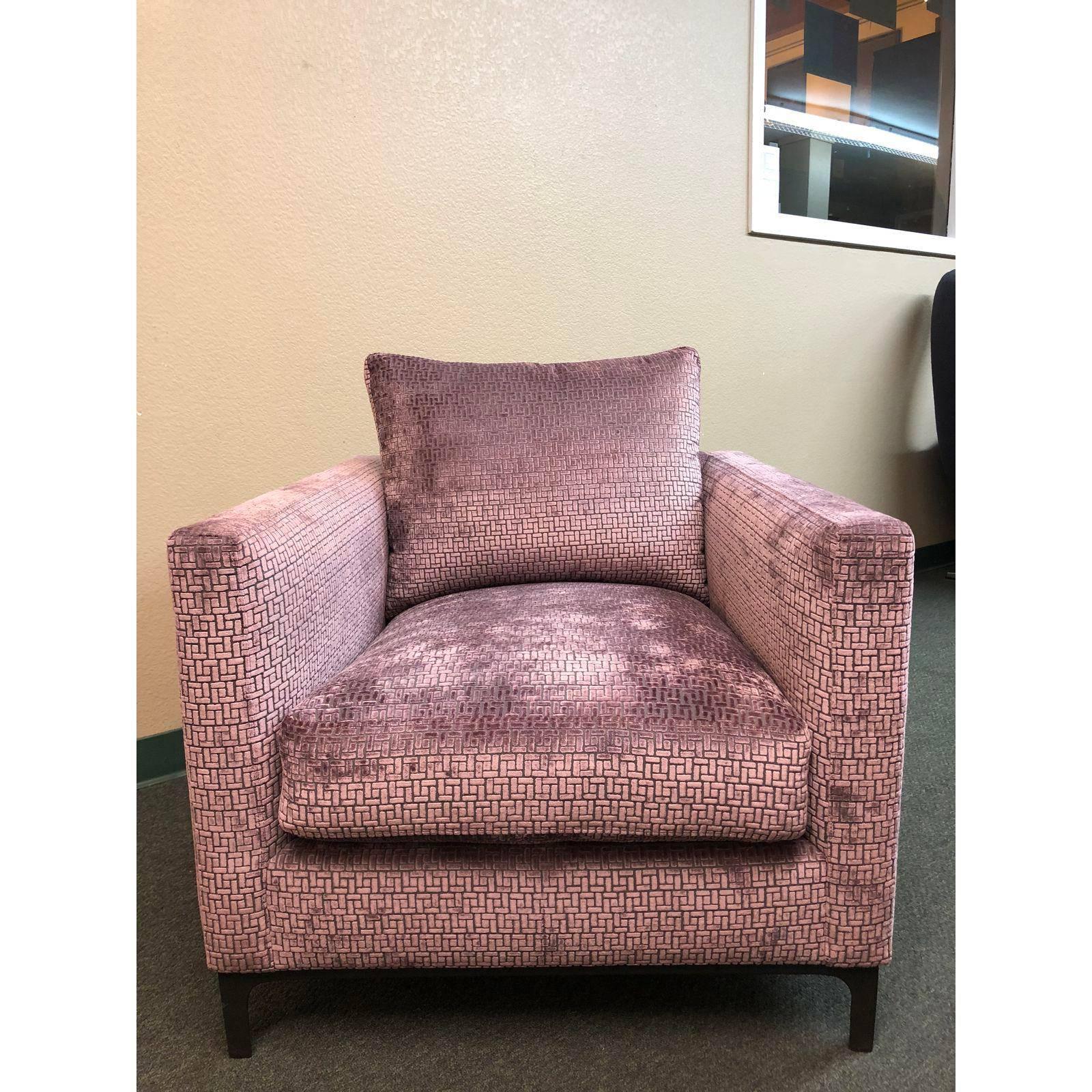 A New Jax chair by Rene Cazares. Simple lines, the patterned, plum velvet chair is oh so glamorous. The frame is engineered and constructed using hardwoods and no-sag sinuous wire springs for long wear. Seat height is 19 inches. Arm height is 28