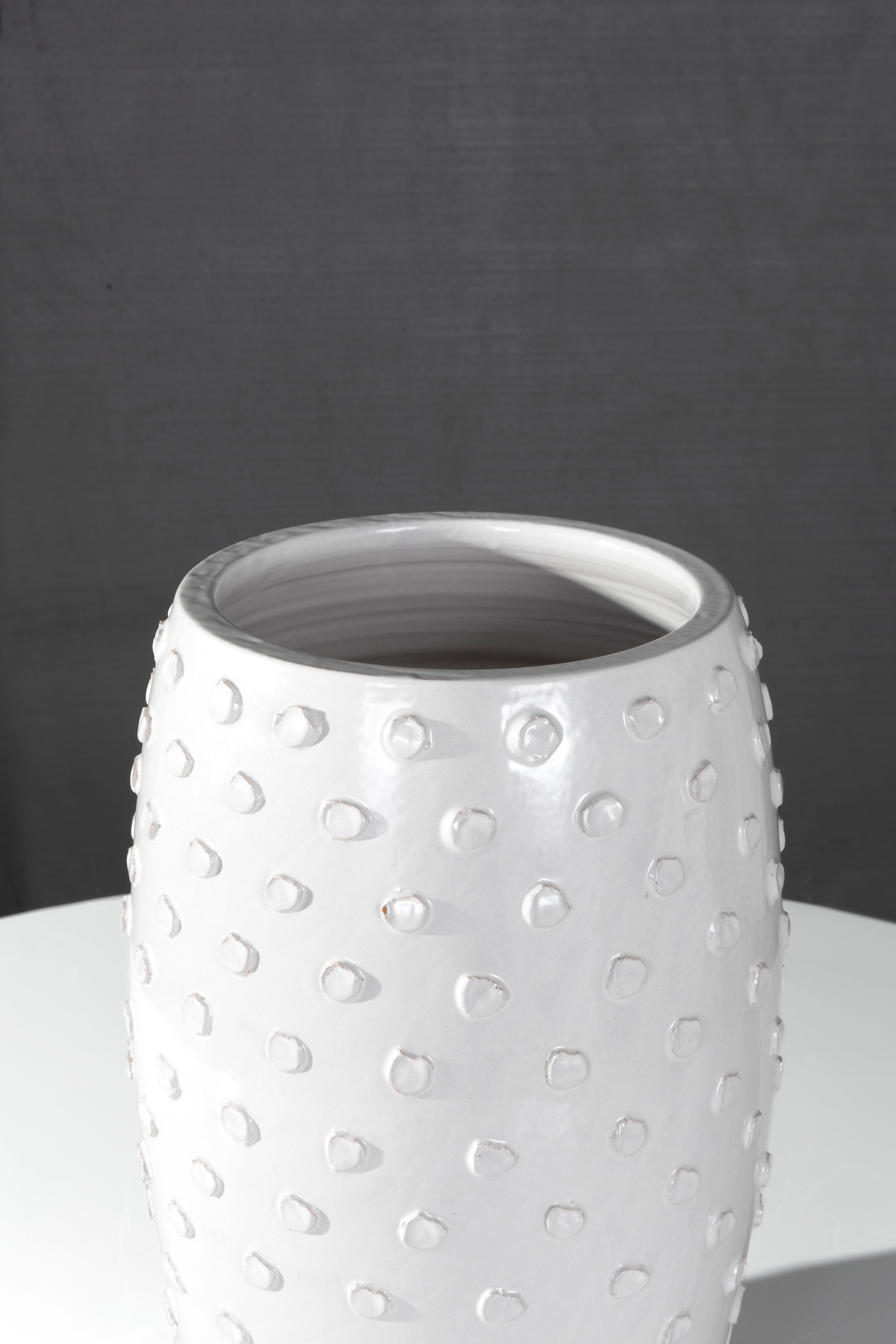 Organic Modern New Reng, Boru, Off-White Glazed Terracotta Vase with Dot Pattern For Sale