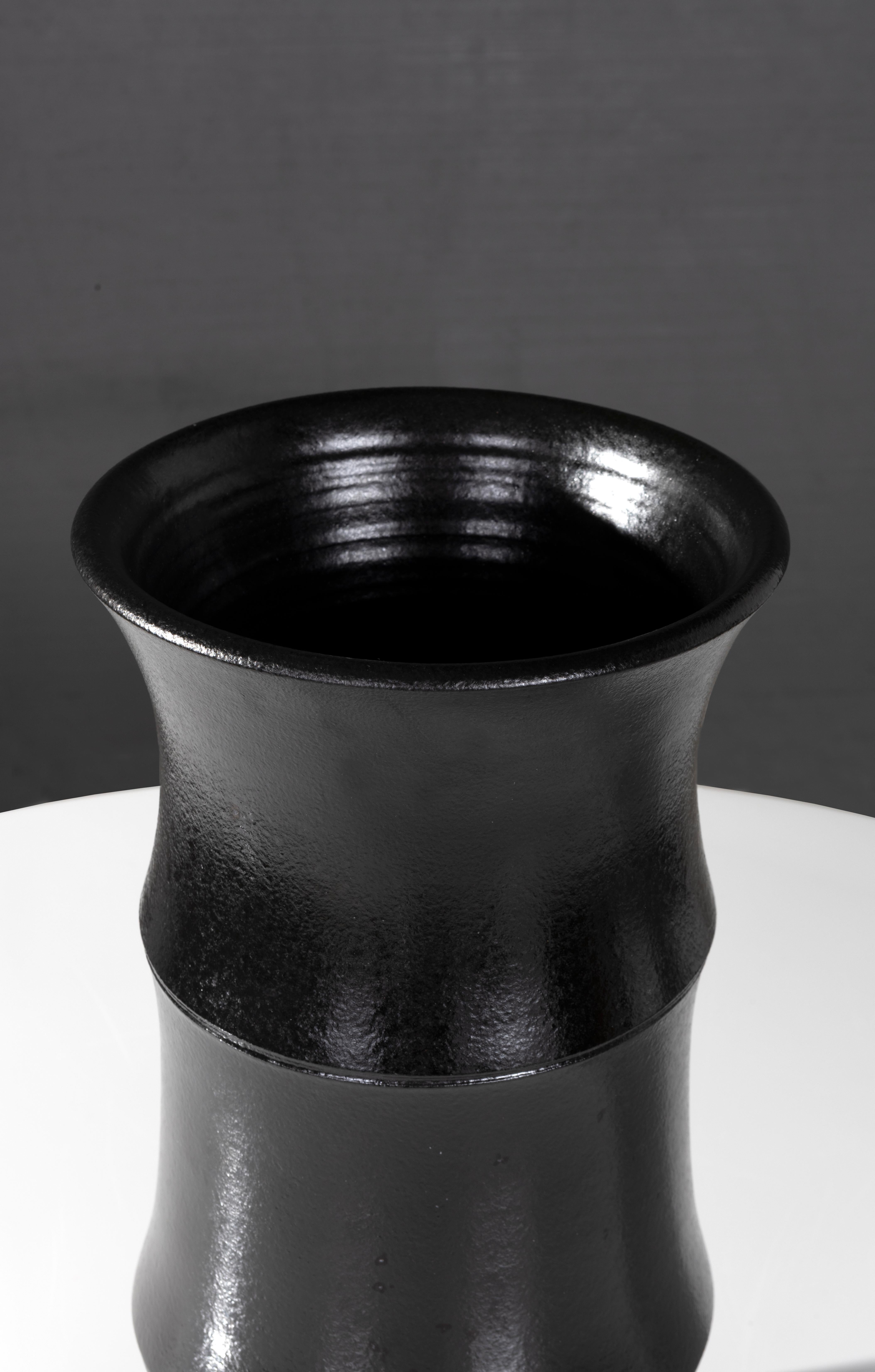 Organic Modern New Reng, Také, Ebony Glazed Terracotta Bamboo Form Vase For Sale