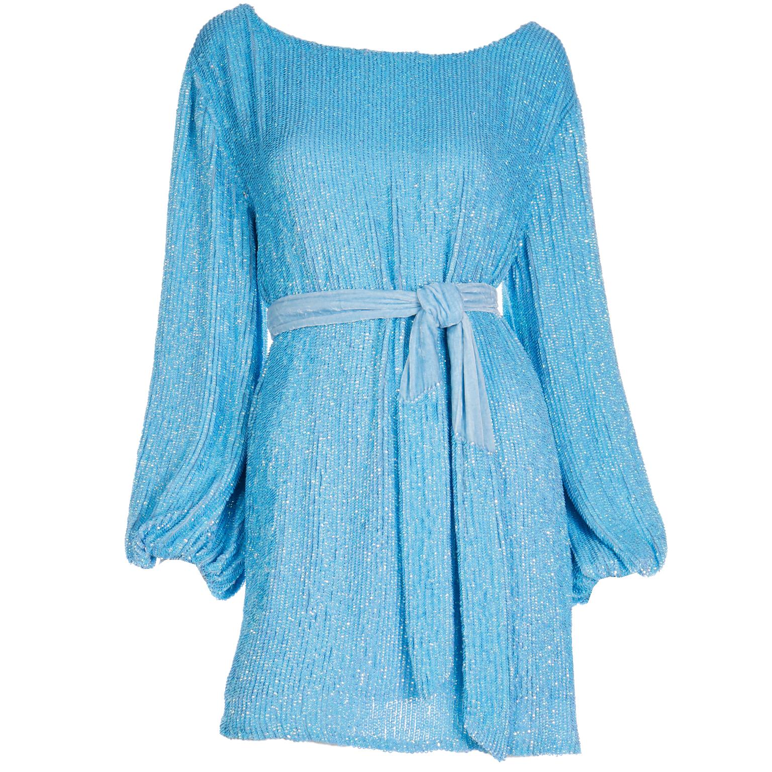 New Retrofete Blue Sequin Mini Dress or Tunic & Sash Belt or Scarf With Tags For Sale 6