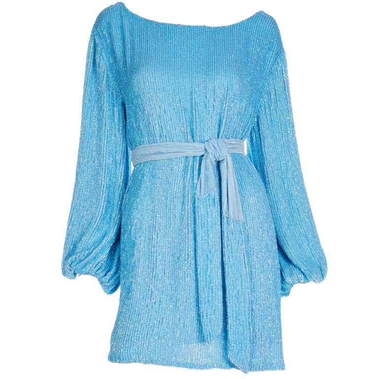 New Retrofete Blue Sequin Mini Dress or Tunic and Sash Belt or Scarf With  Tags at 1stDibs