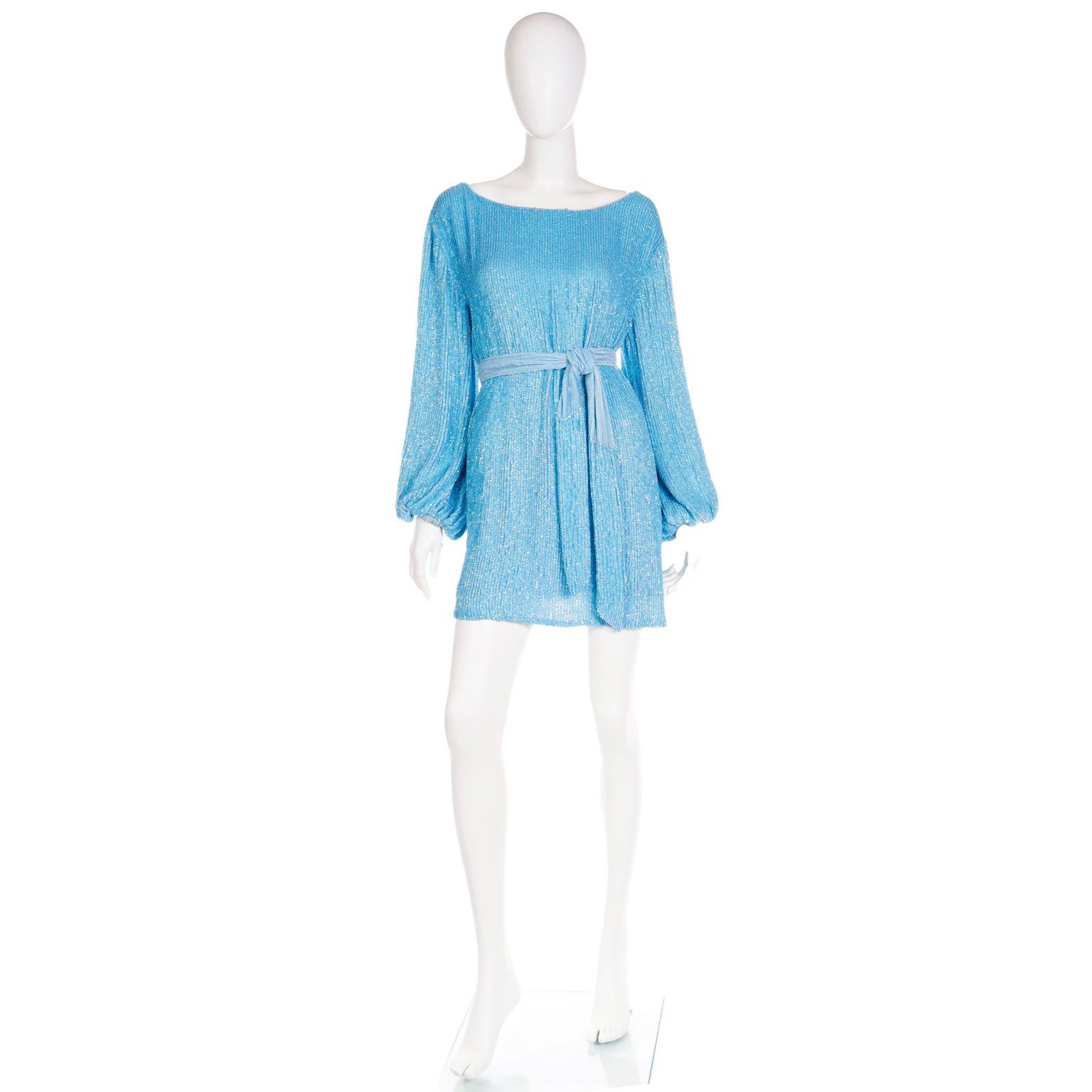 New Retrofete Blue Sequin Mini Dress or Tunic & Sash Belt or Scarf With Tags For Sale 2