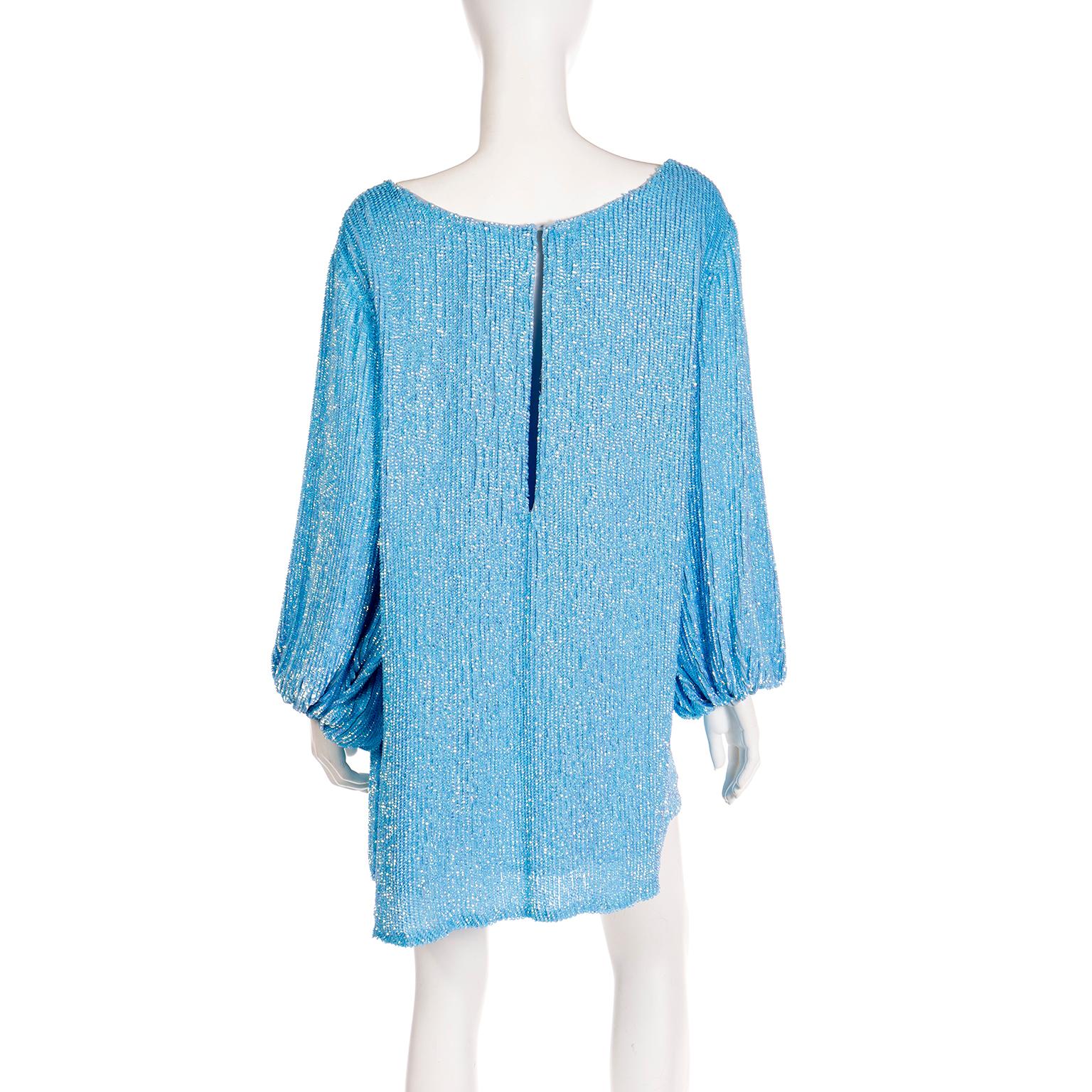 New Retrofete Blue Sequin Mini Dress or Tunic & Sash Belt or Scarf With Tags For Sale 4