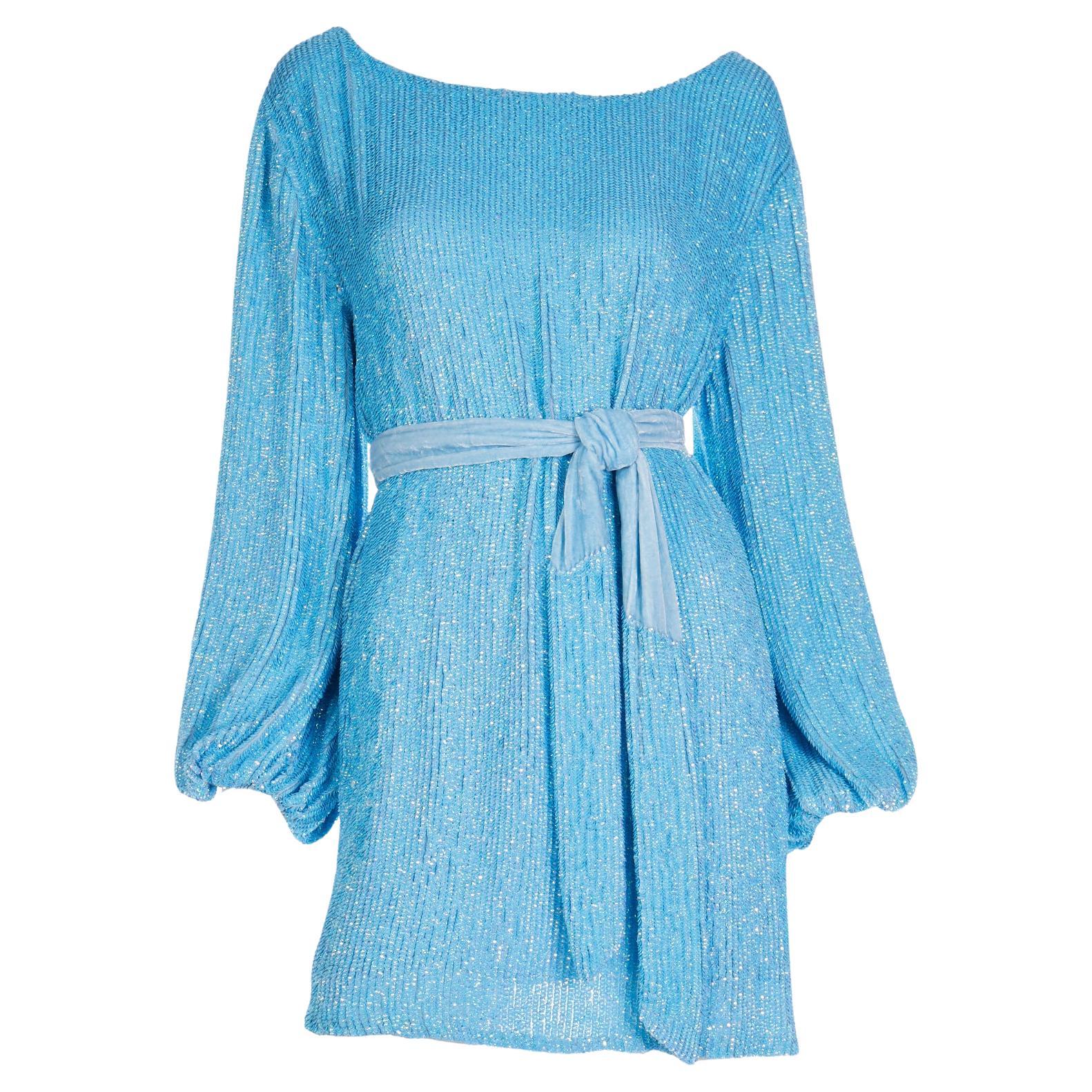 Neues Retrofete Blaues Pailletten-Minikleid oder Tunika- & Schärpe-Gürtel oder Schal mit Etiketten im Angebot