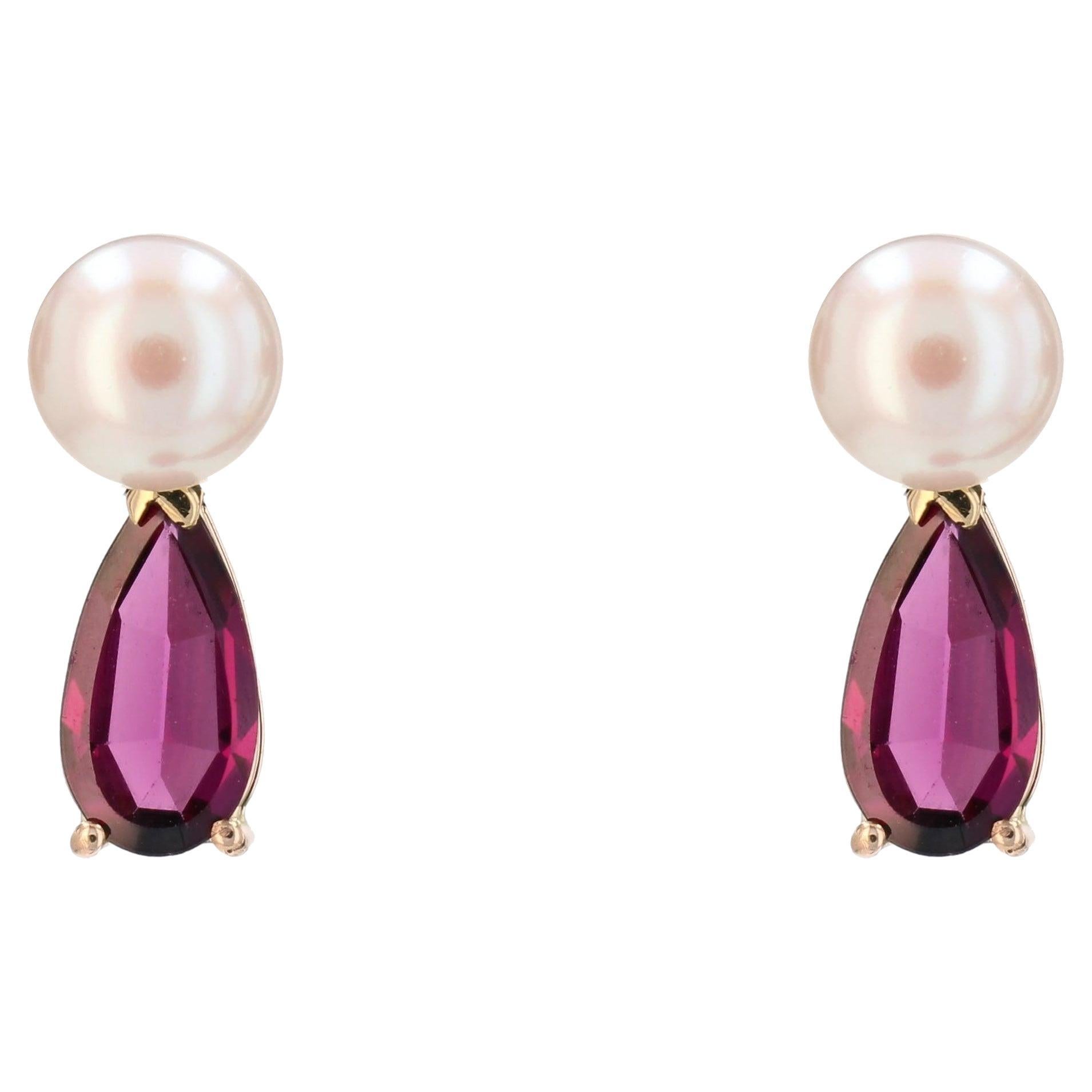 Nuovi orecchini pendenti in oro giallo 18 carati con perle tagliate e granato rodolite