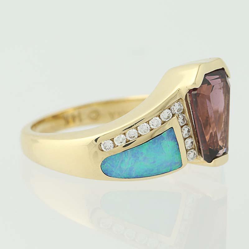 Rhodolite Garnet, Opal, and Diamond Kabana Ring 14k Gold Round Brilliant.18ctw In New Condition In Greensboro, NC