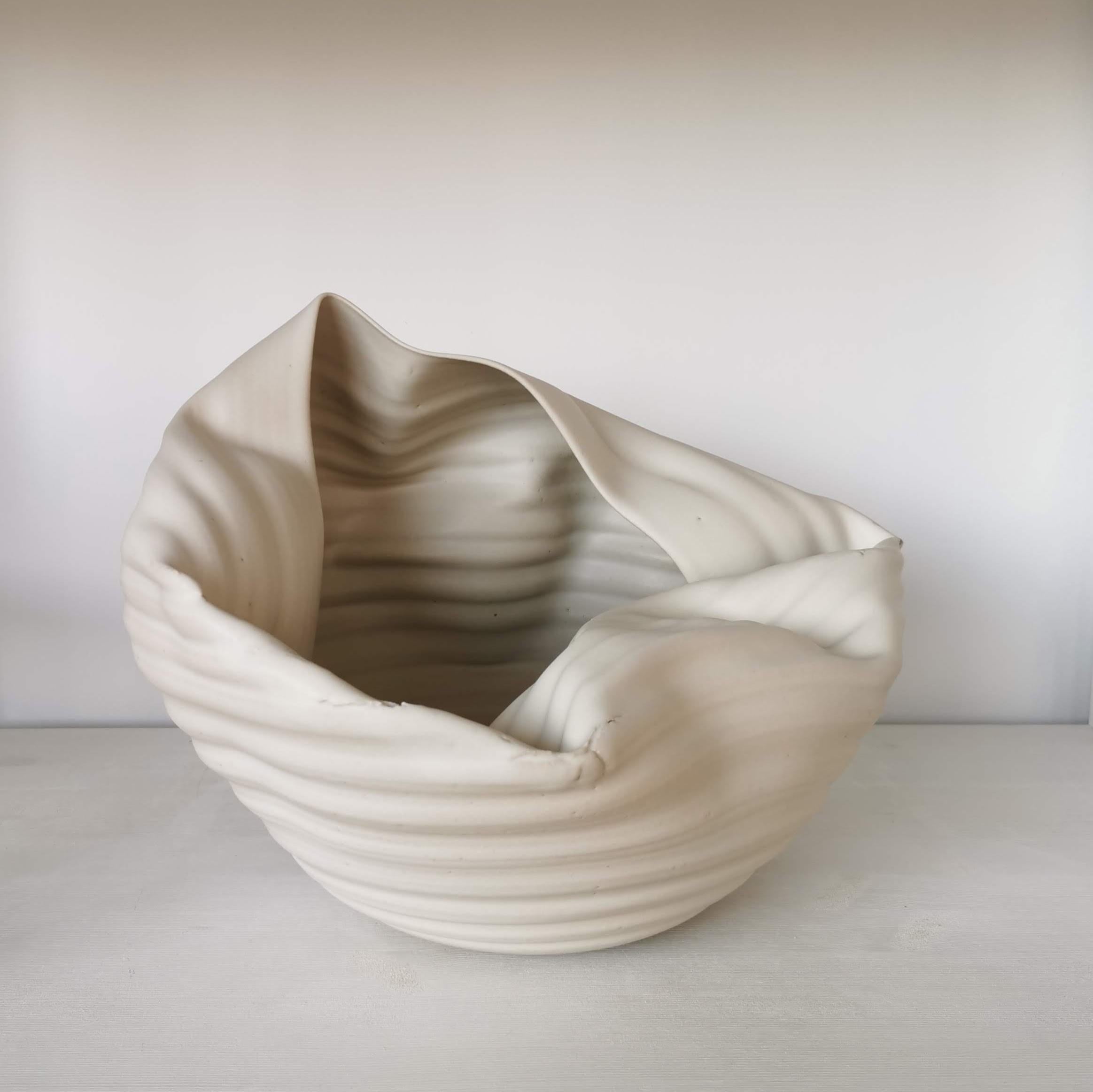 Spanish Ribbed White Open Form, Vase, Interior Sculpture or Vessel, Objet D'Art For Sale