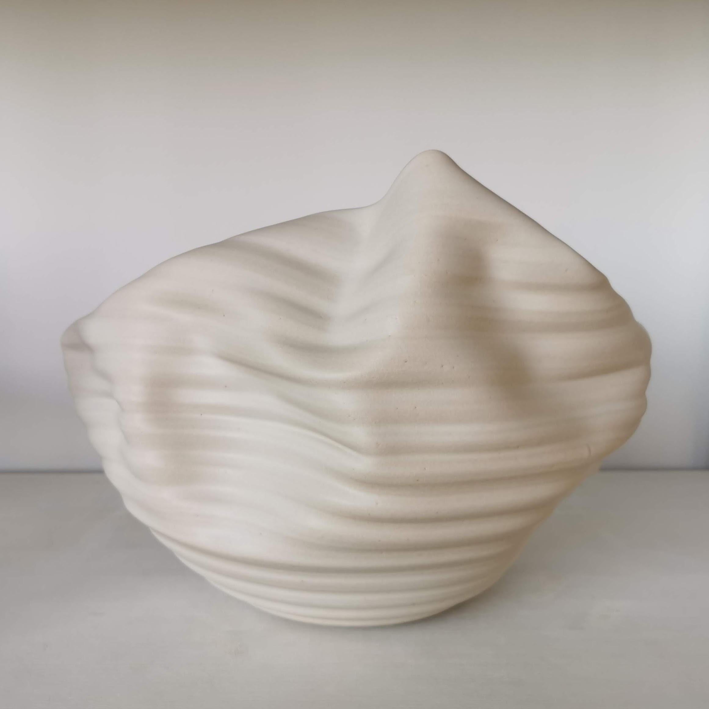 Ceramic Ribbed White Open Form, Vase, Interior Sculpture or Vessel, Objet D'Art For Sale