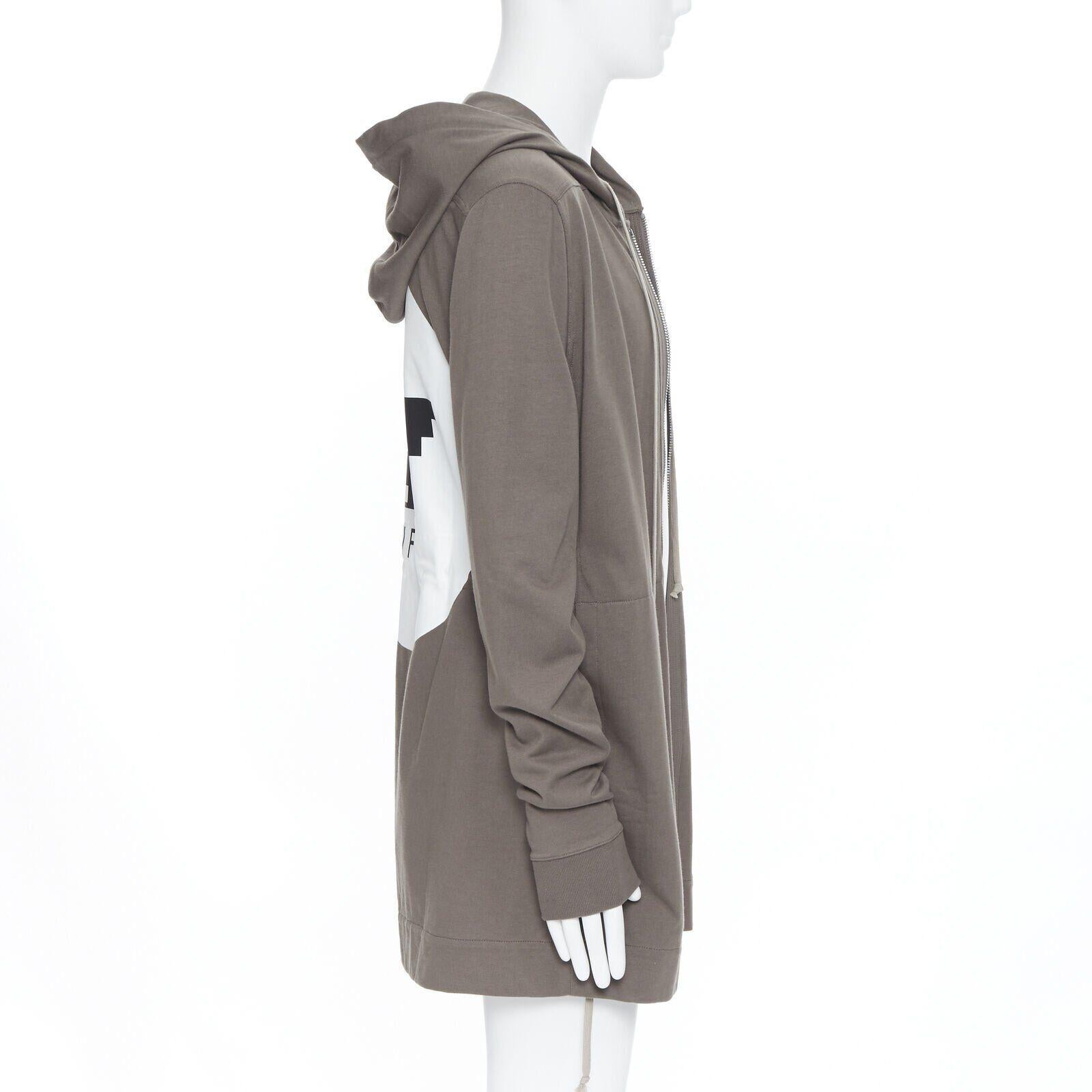 new RICK OWENS 2020 Tecualt dust grey zip front UFW print back long hoodie S In New Condition For Sale In Hong Kong, NT