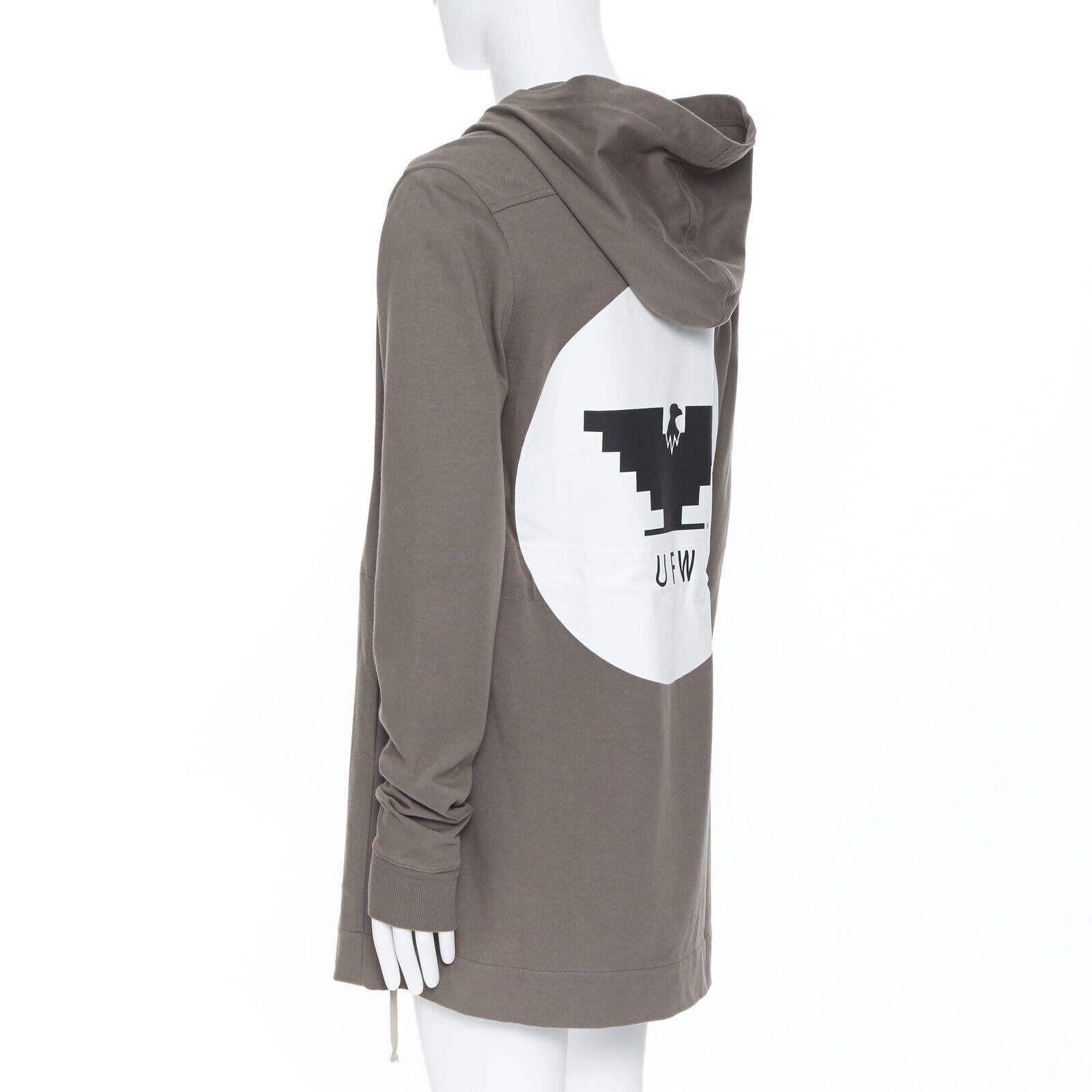 Men's new RICK OWENS 2020 Tecualt dust grey zip front UFW print back long hoodie S For Sale