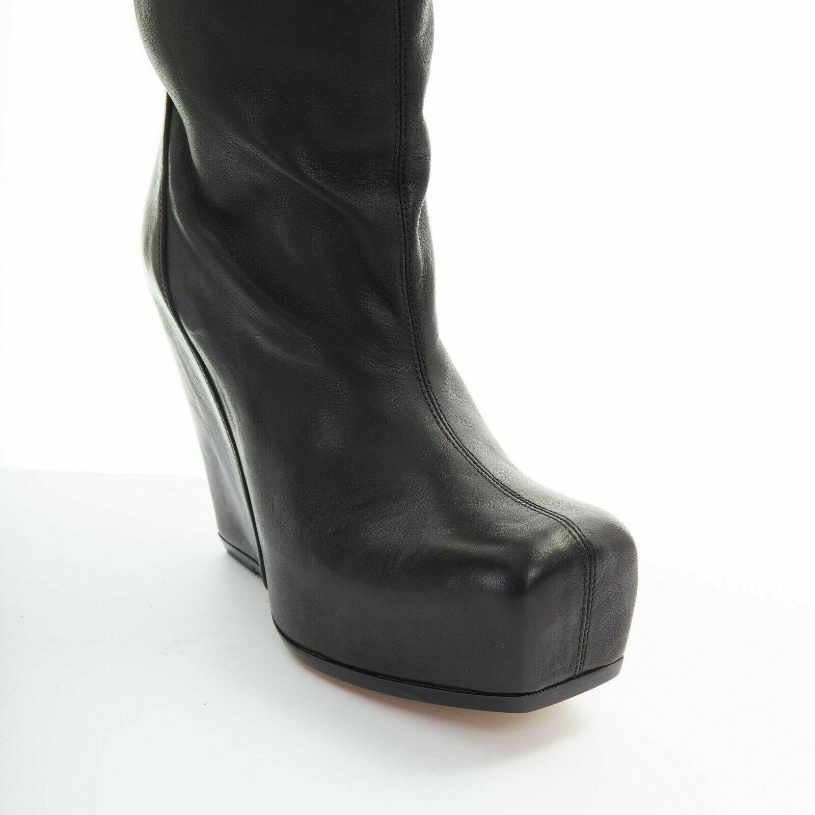 Women's new RICK OWENS black leather square toe platform wedge knee high OTK boots EU36