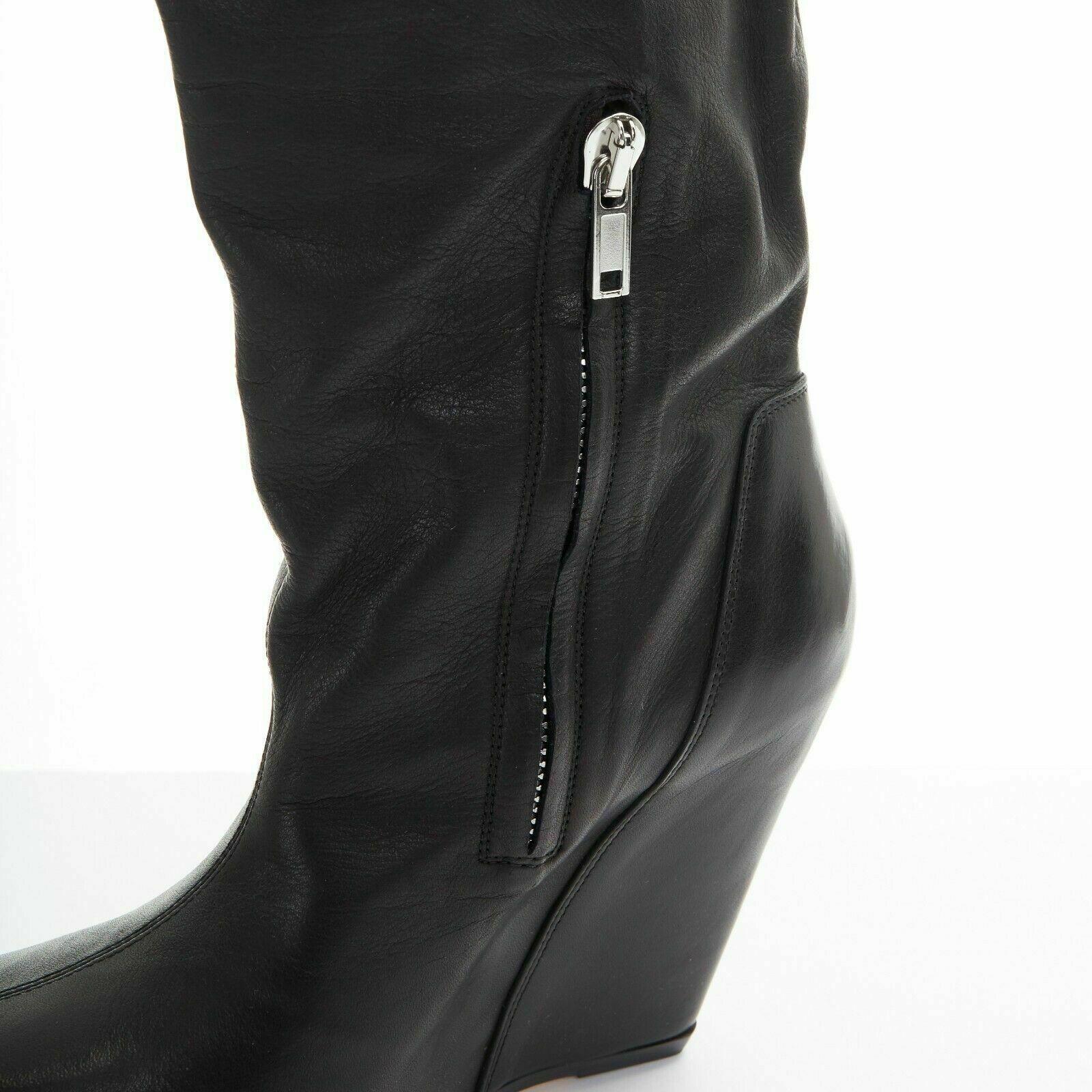 new RICK OWENS black leather square toe platform wedge knee high OTK boots EU36 1
