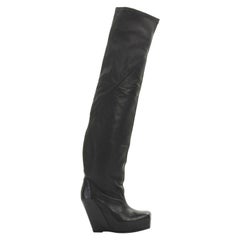 new RICK OWENS black leather square toe platform wedge knee high OTK boots EU36