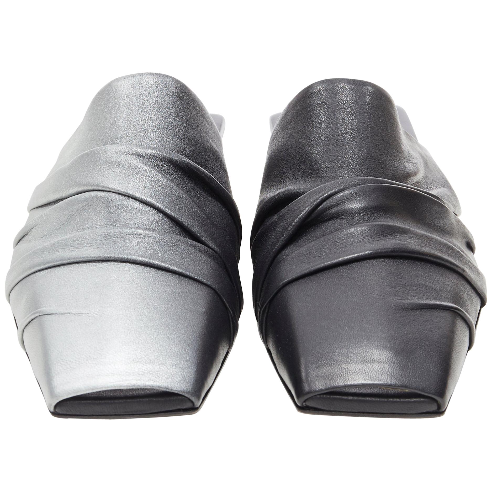 new RICK OWENS black silver painted leather draped square toe flats slipper EU37