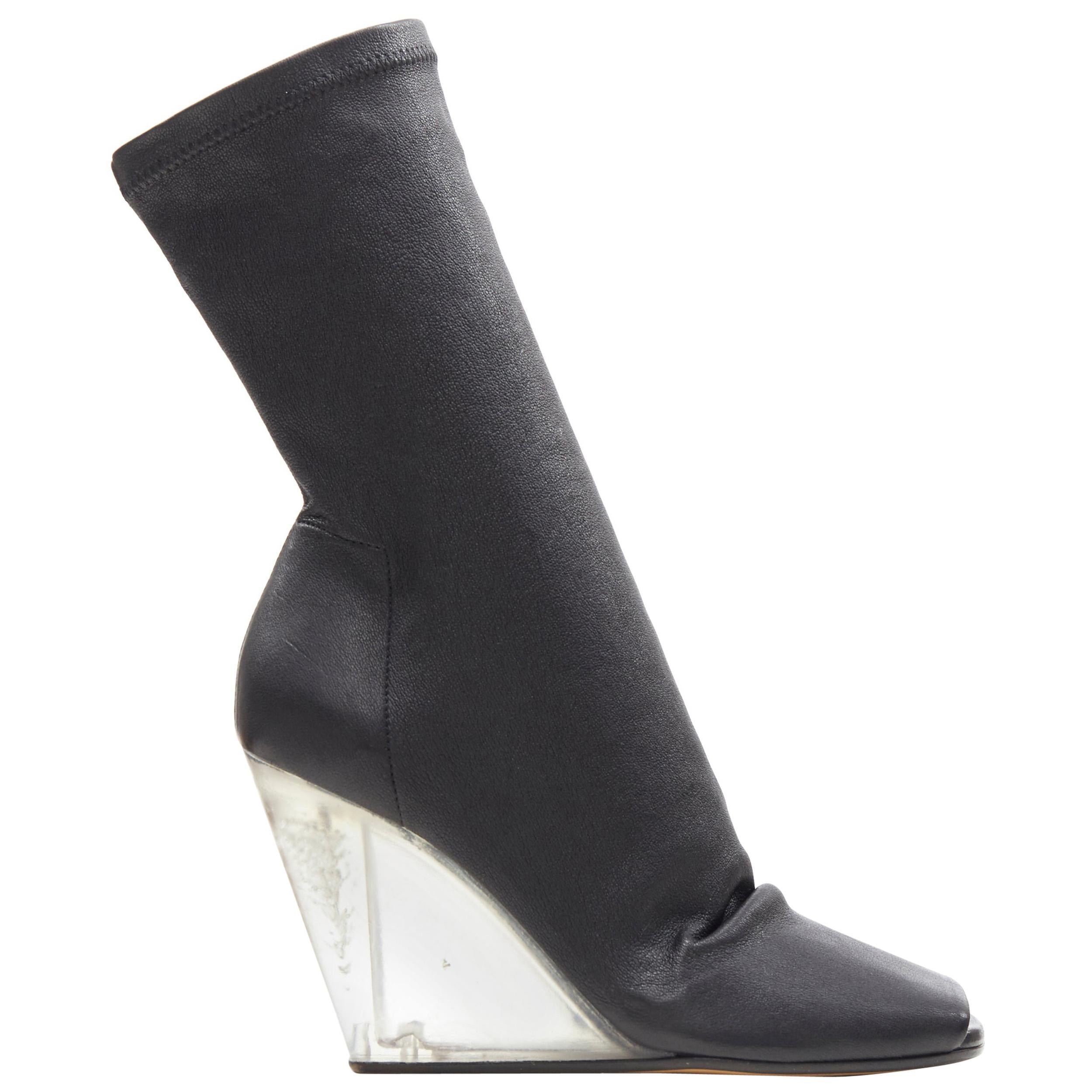 new RICK OWENS black soft leather square slit toe clear wedge sock boot EU37
