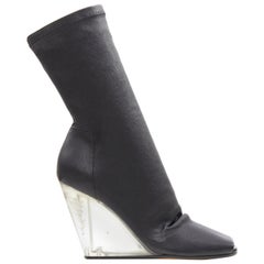 new RICK OWENS black soft leather square slit toe clear wedge sock boot EU37